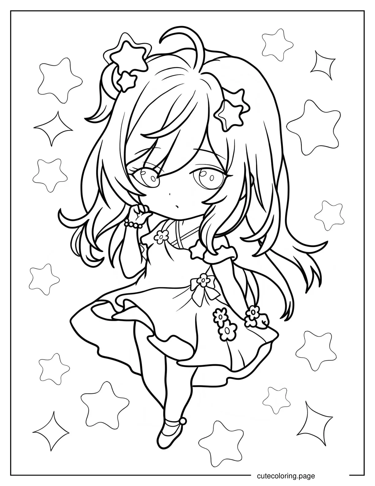 Chibi Girl In Cute Dress With Flowers coloring page