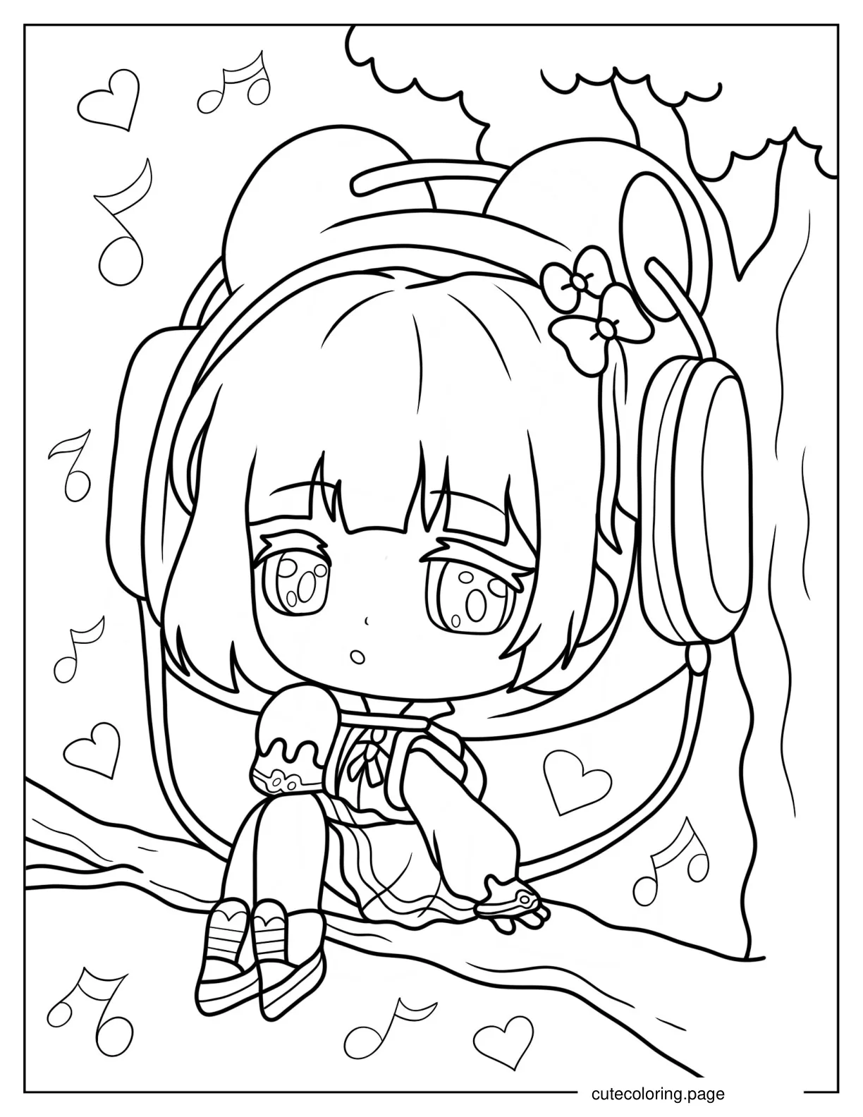 Chibi Girl Wearing Headphones And Eating Rice Cake coloring page