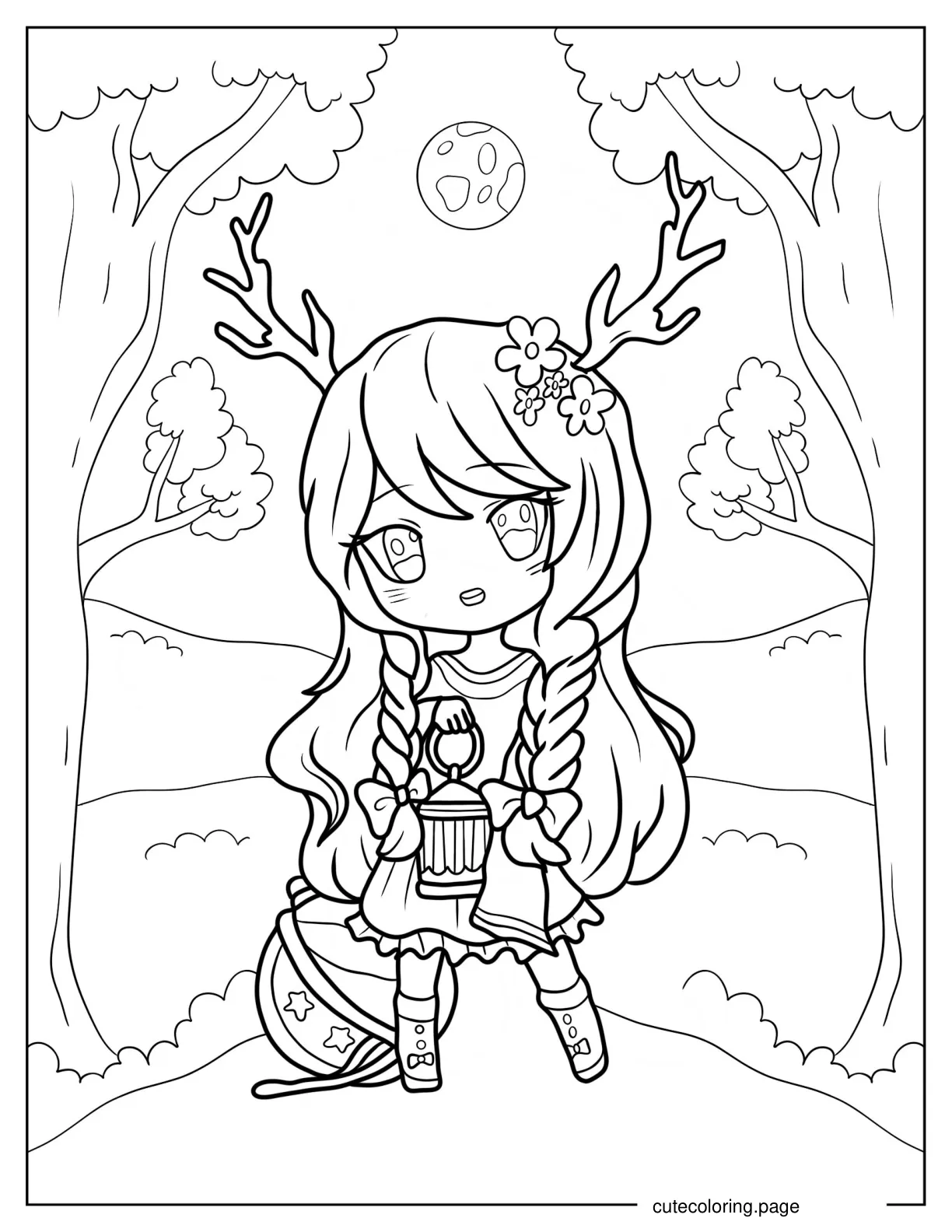 Chibi Girl With Antlers In The Forest Coloring Sheet coloring page