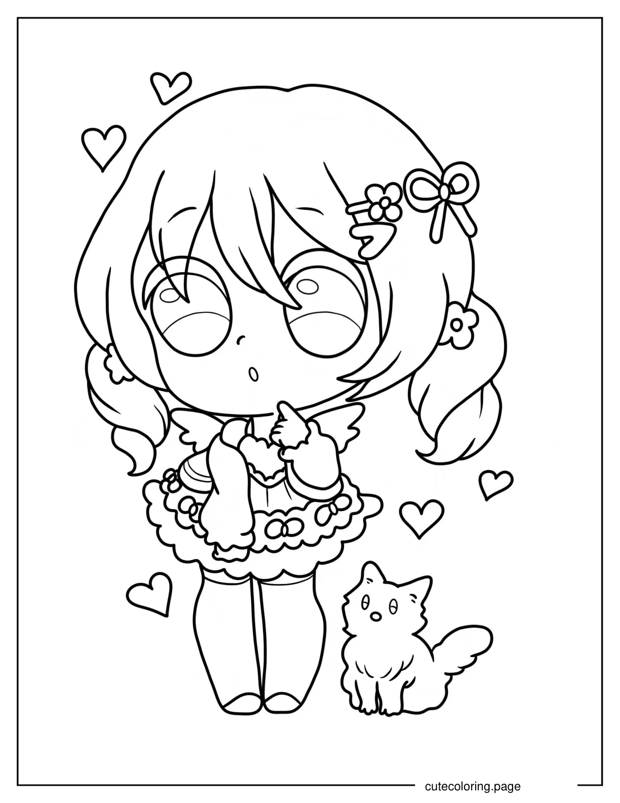 Curious Chibi Girl With Cat Coloring Page coloring page