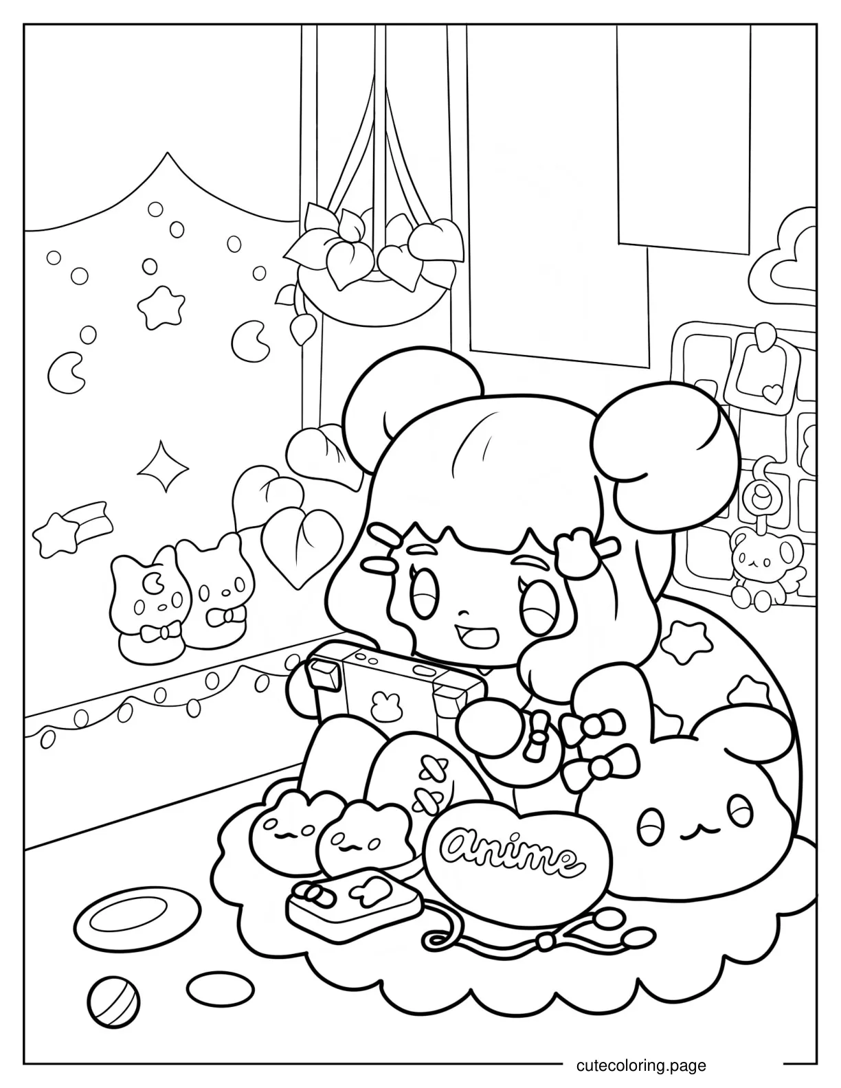 Detailed Chibi Girl Playing Video Game In Bedroom Coloring Sheet coloring page