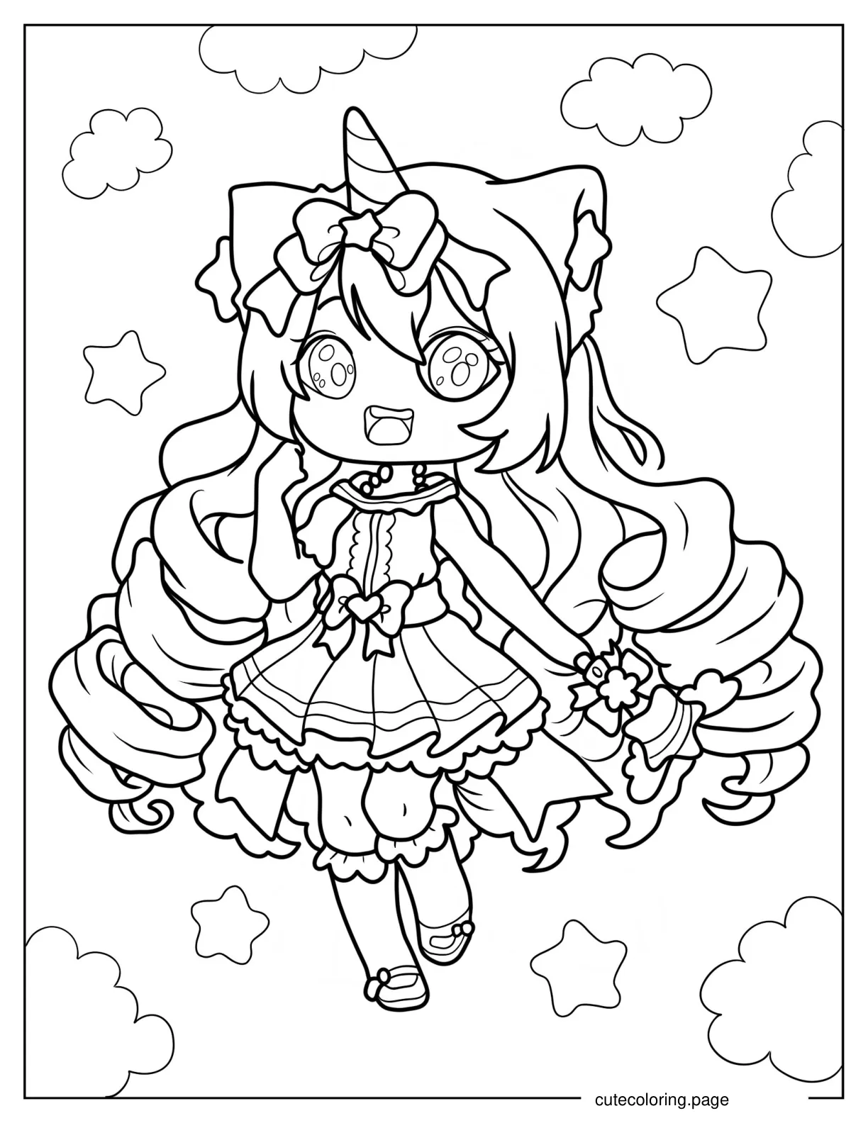 Kawaii Unicorn Girl With Long Curly Hair coloring page