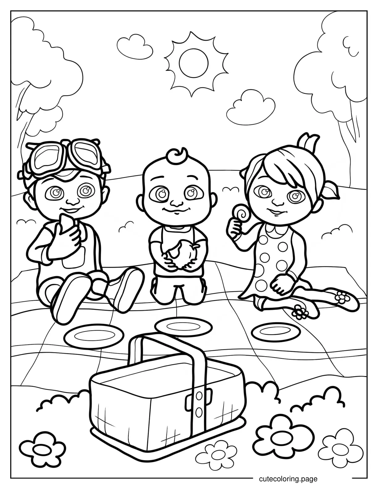 CoComelon JJ TomTom and Yoyo In Picnic Coloring Page coloring page