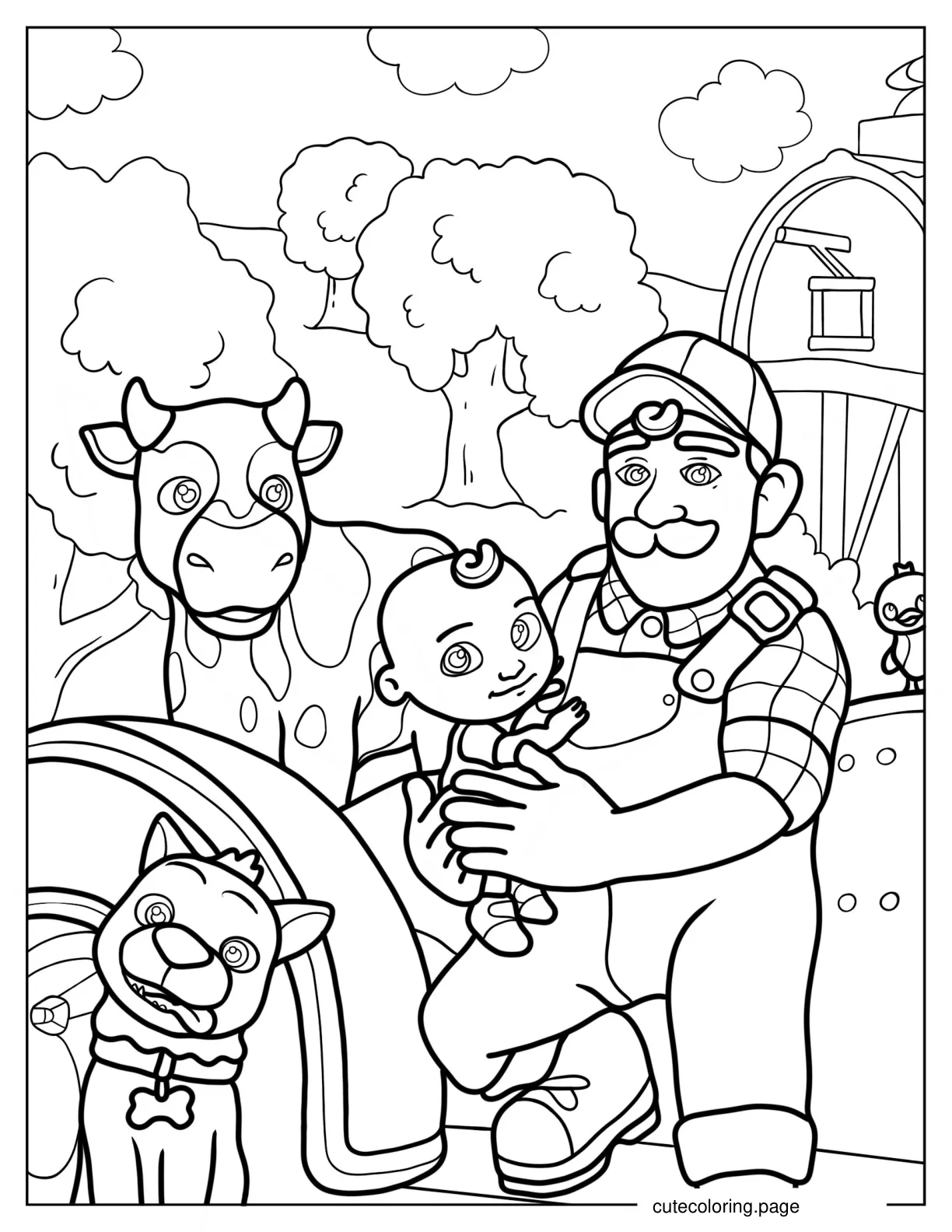 Grandpa With JJ And Bingo In Farm coloring page