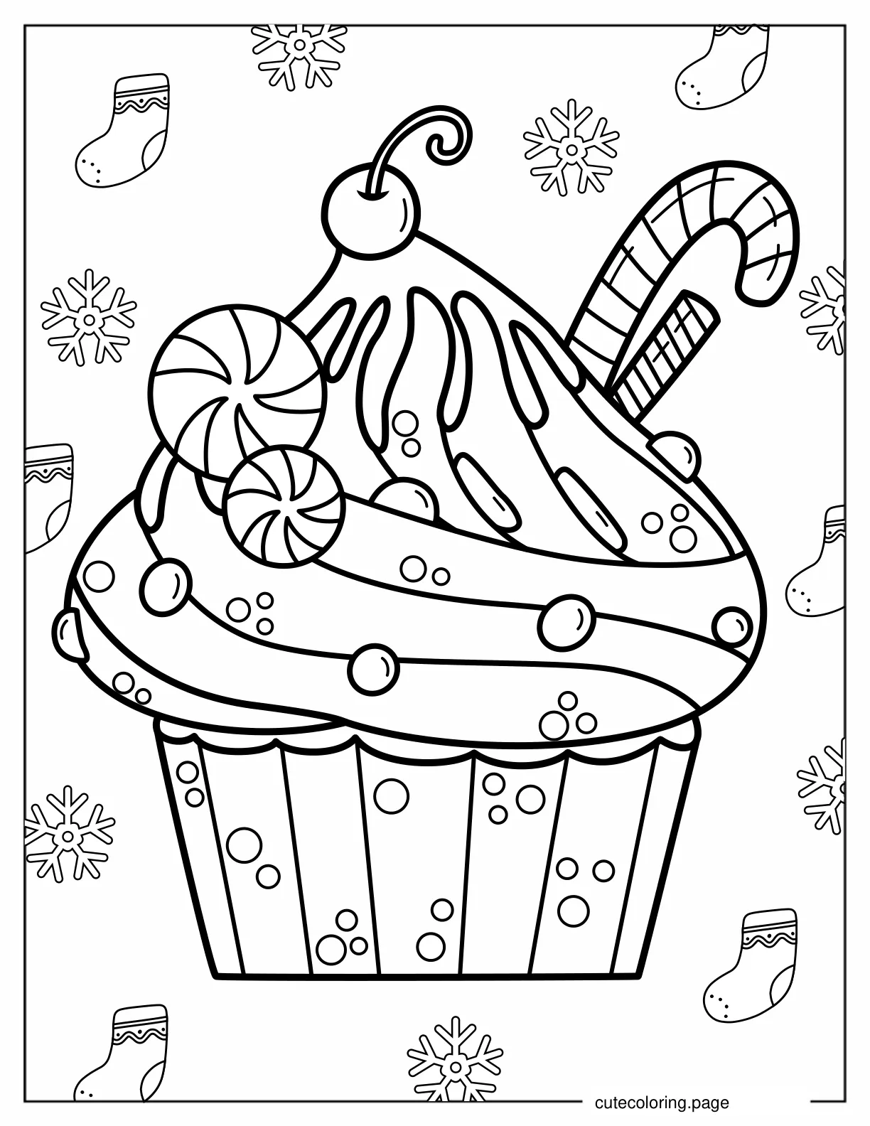 Christmas Cupcake With Candy Canes And Stockings coloring page