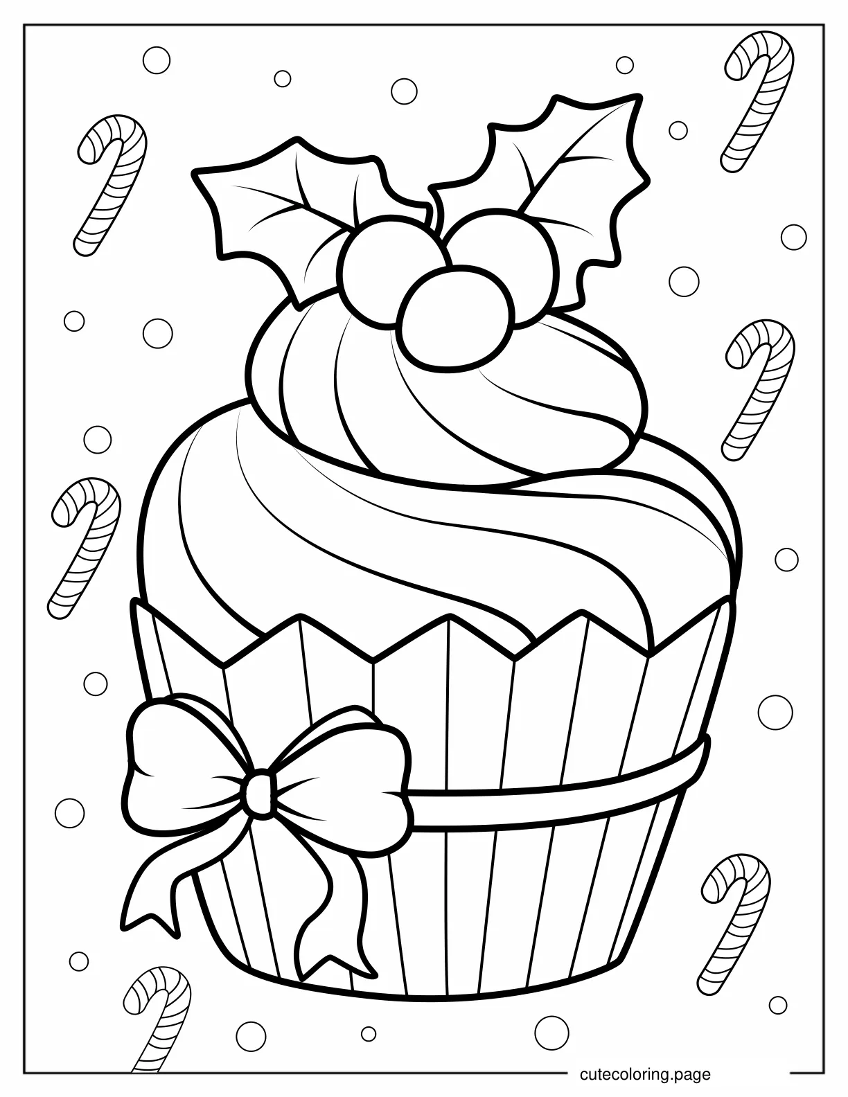 Christmas Cupcake With Ribbon And Mistletoe coloring page