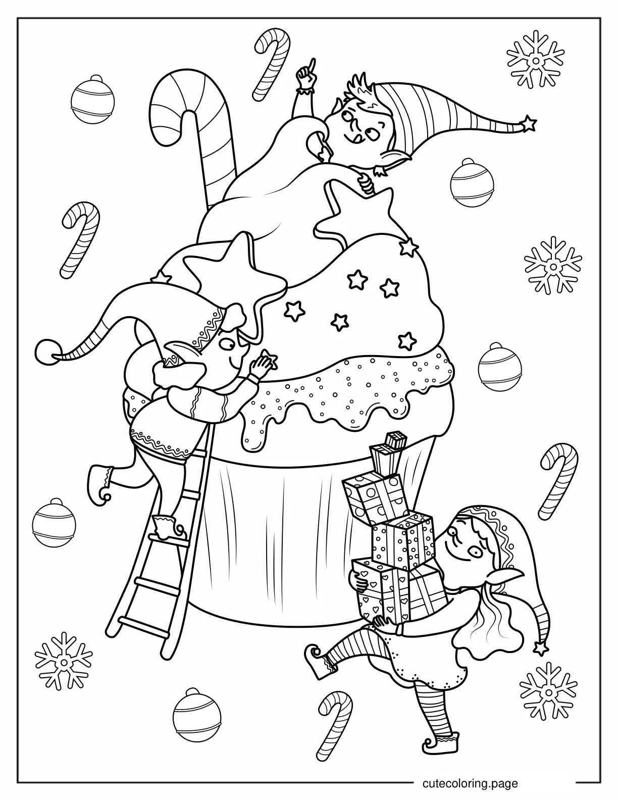 Christmas Themed Cupcake With Elves To Color coloring page