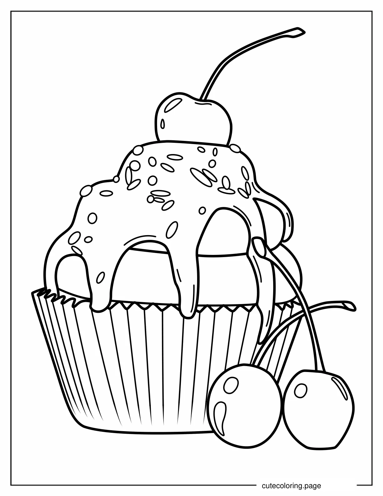 Cupcake With Cherries And Icing To Color coloring page