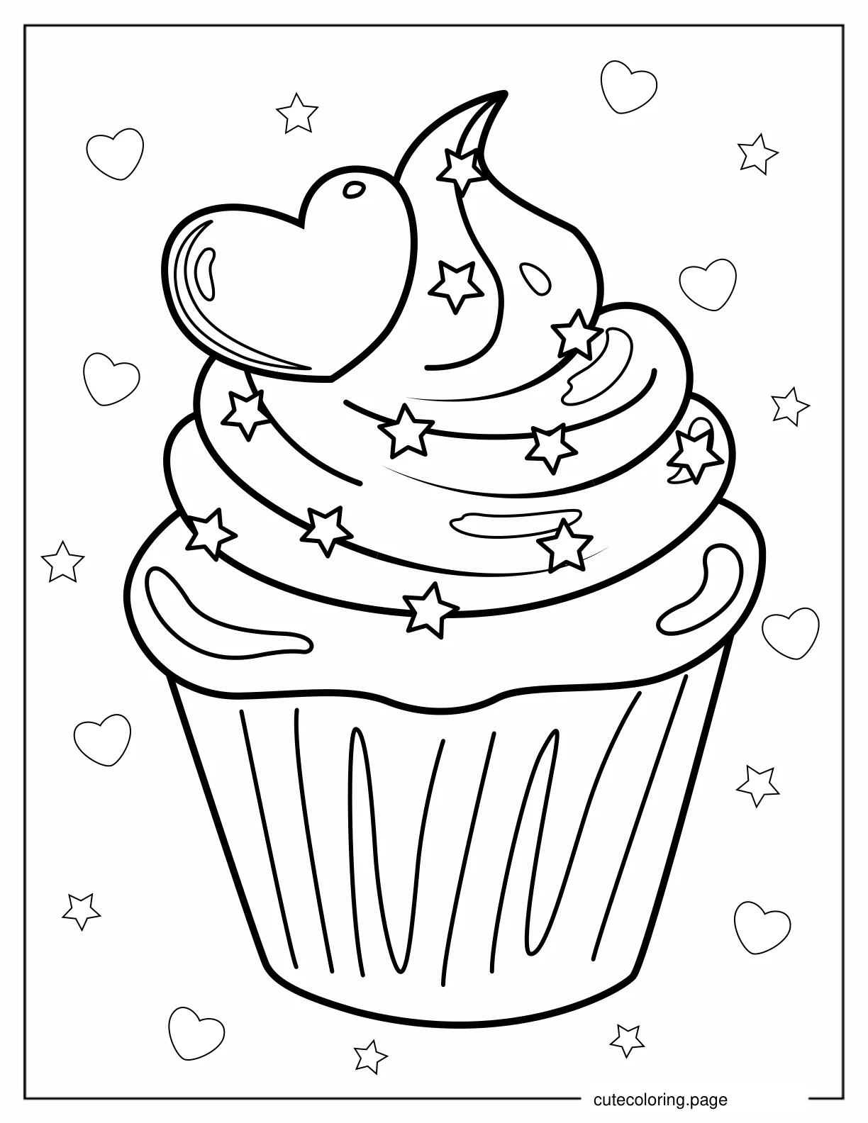 Cupcake With Stars And Love Heart To Color coloring page