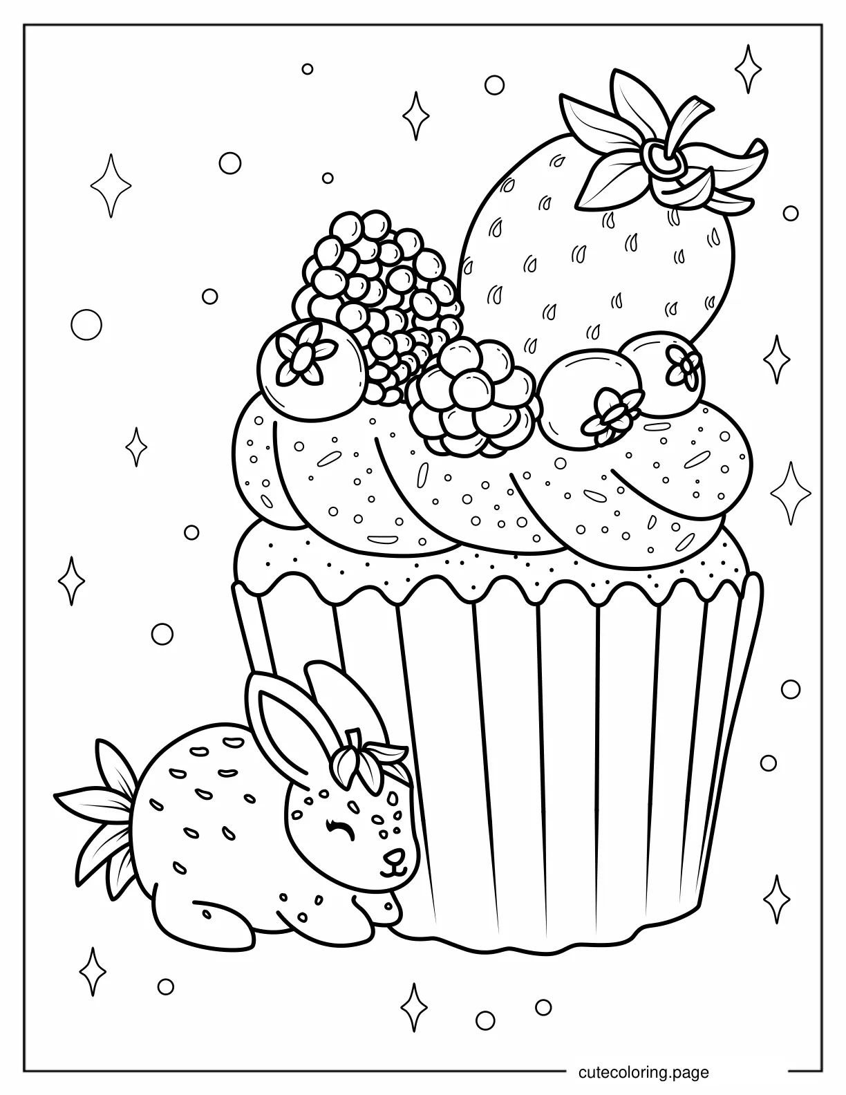 Cute Kawaii Cupcake With Bunny To Color coloring page