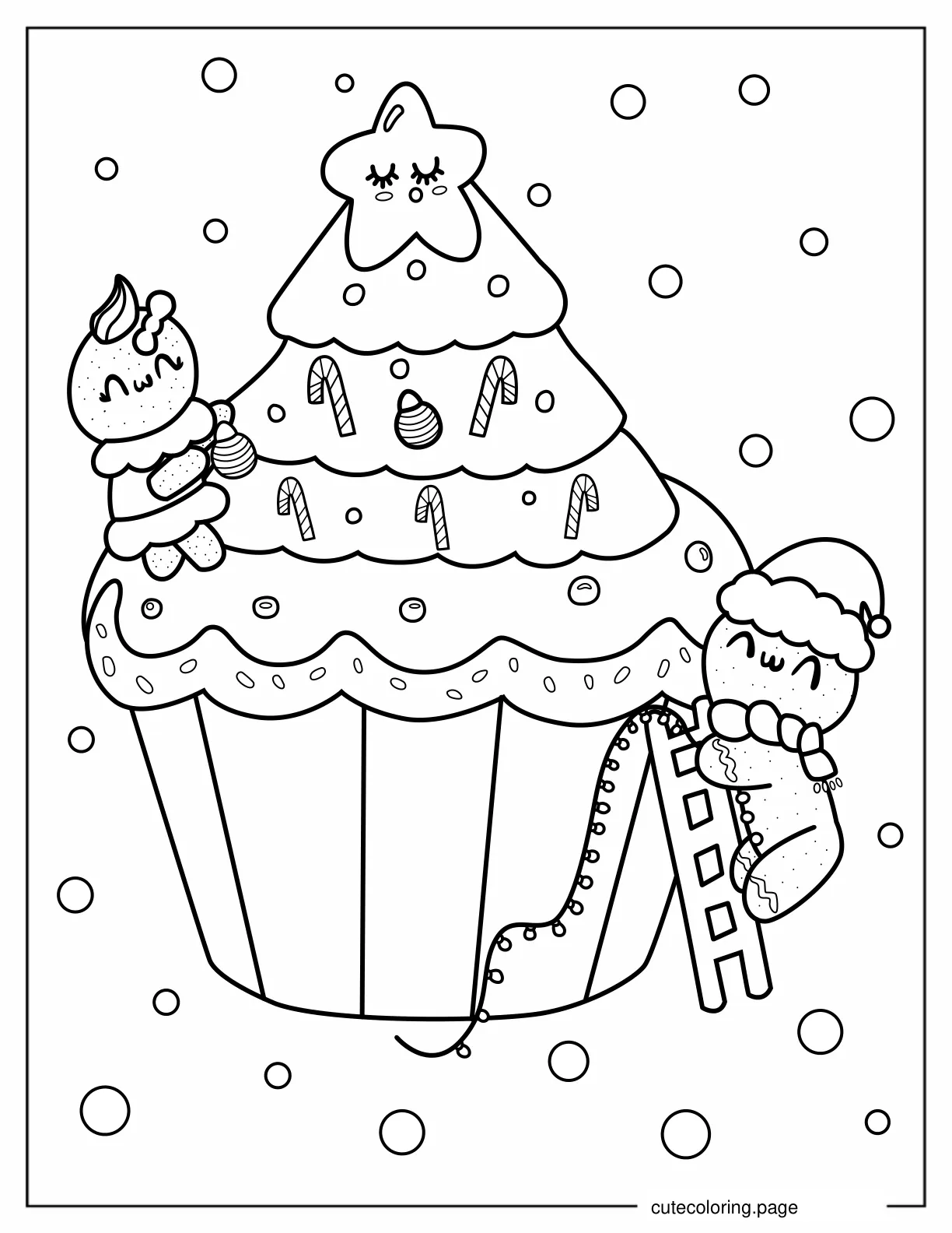 Gingerbread Men Decorating Christmas Cupcake coloring page