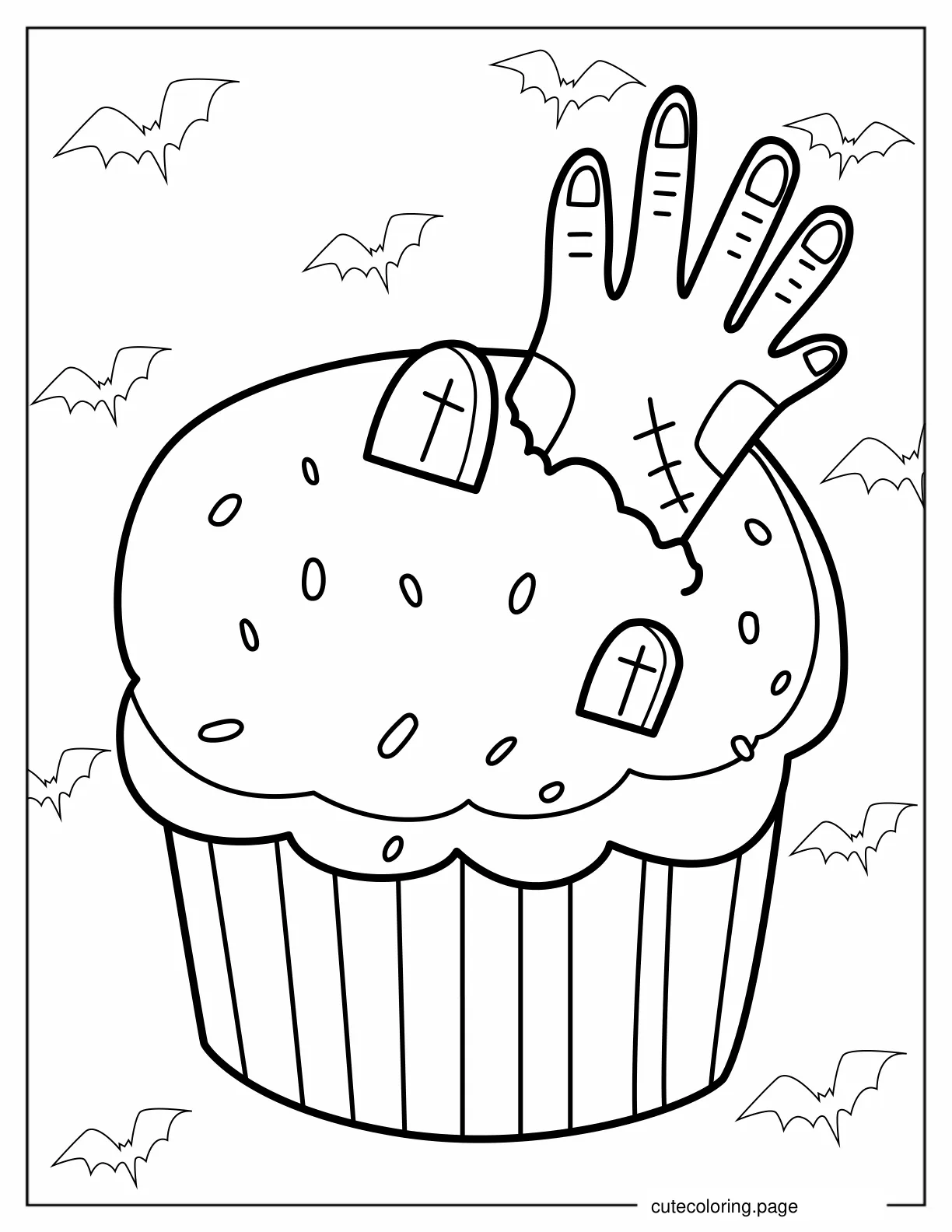 Halloween Themed Cupcake With Zombie Hand coloring page