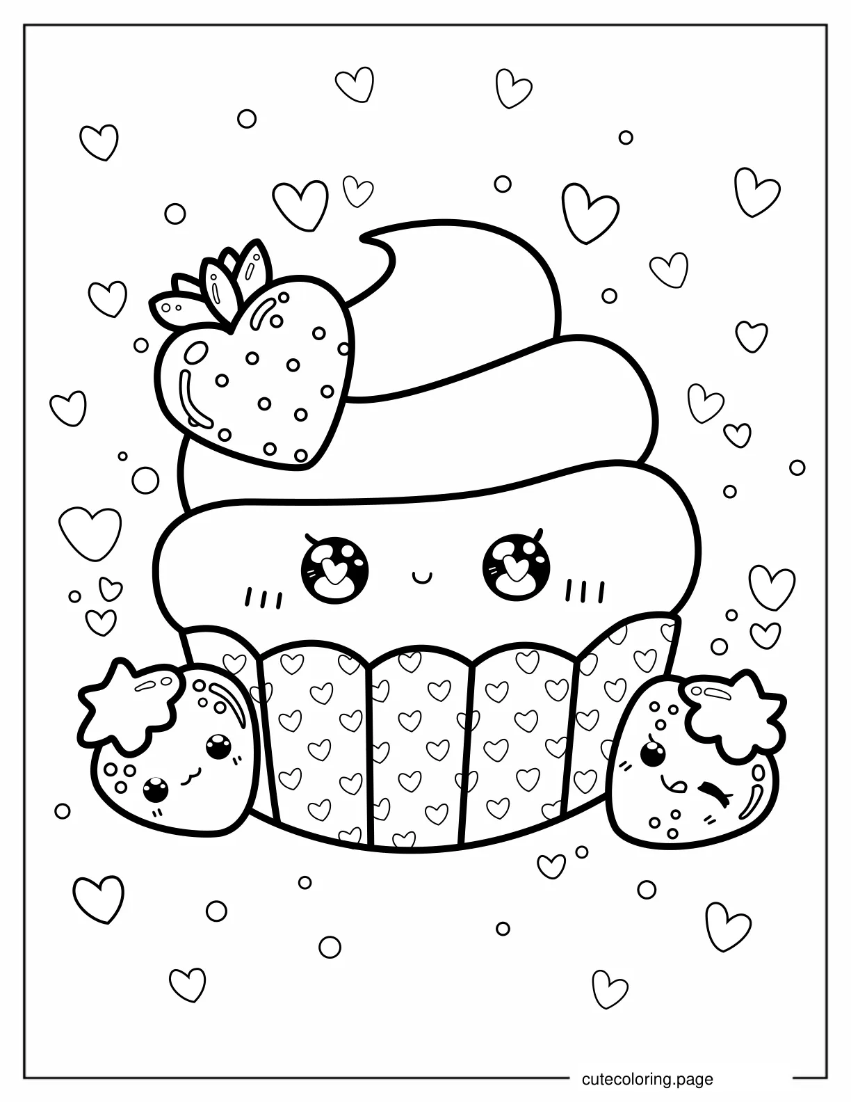 Kawaii Cupcake With Strawberries And Sugar Icing To Color coloring page