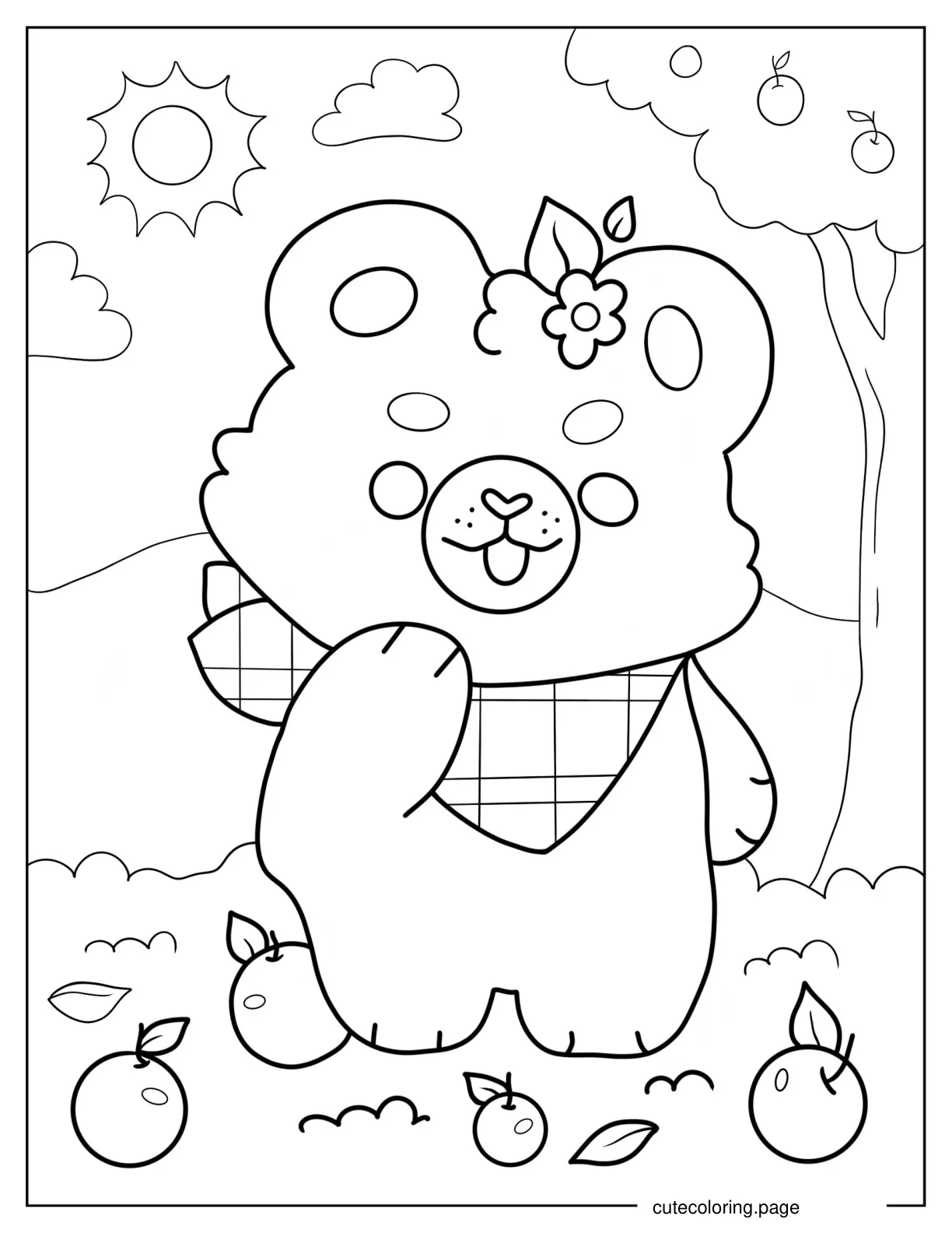 Bear Wearing Bandana Picking Apples Coloring Sheet coloring page