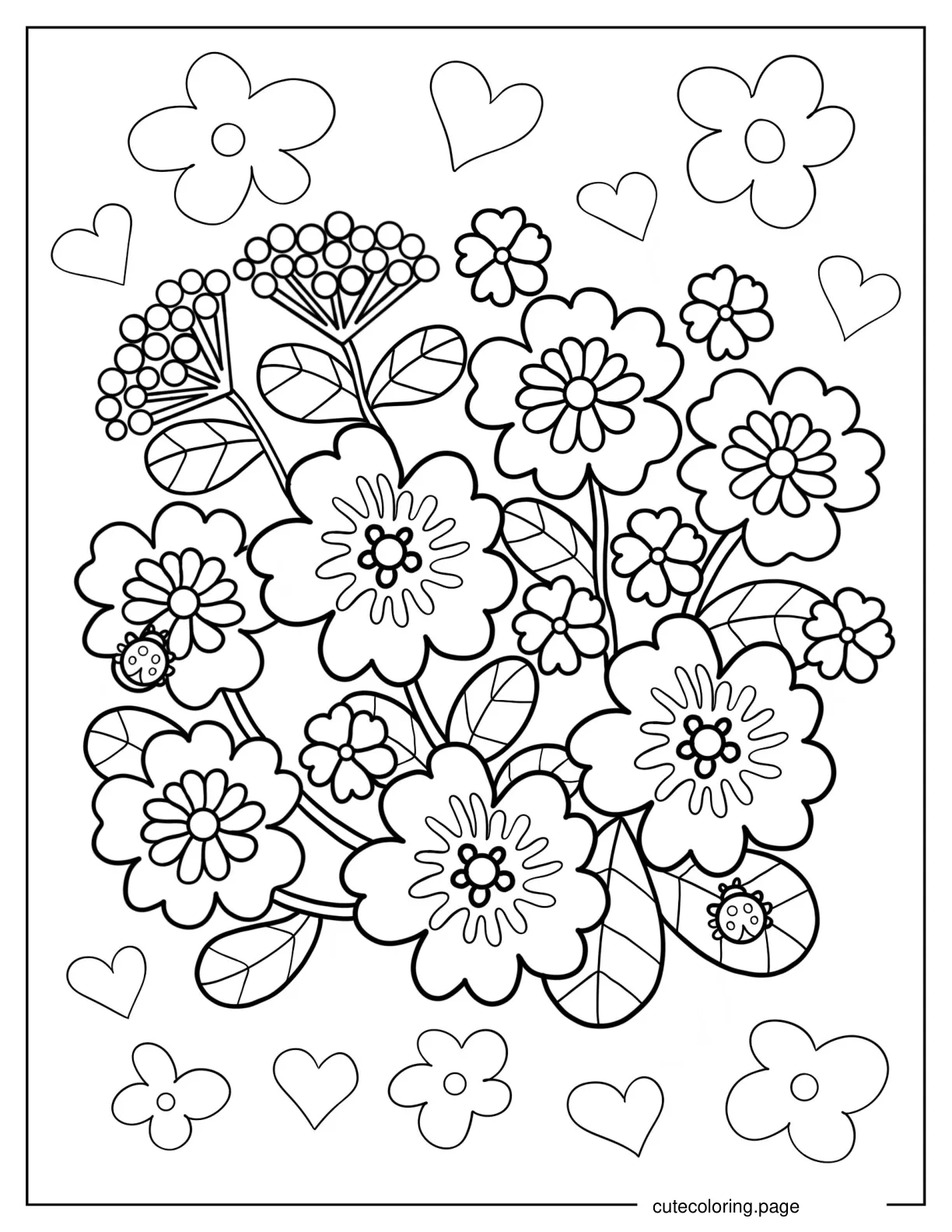 Bouquet Of Flowers With Ladybugs Coloring Page coloring page