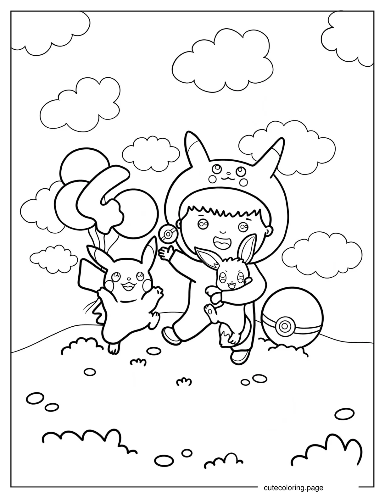 Boy Dressed As Pikachu With Eevee And Pikachu Coloring Sheet coloring page