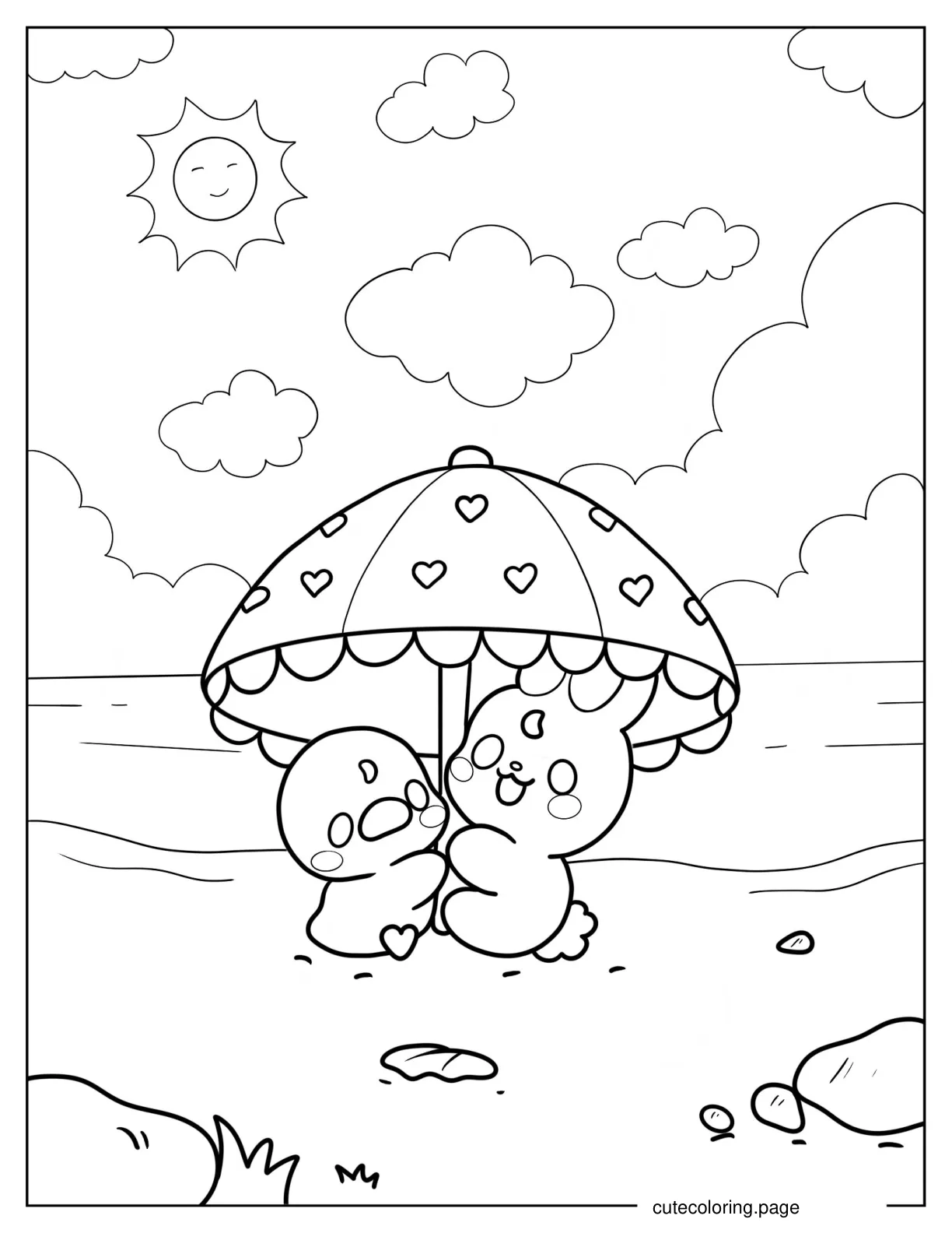 Bunny And Duck Sharing Umbrella At The Beach coloring page