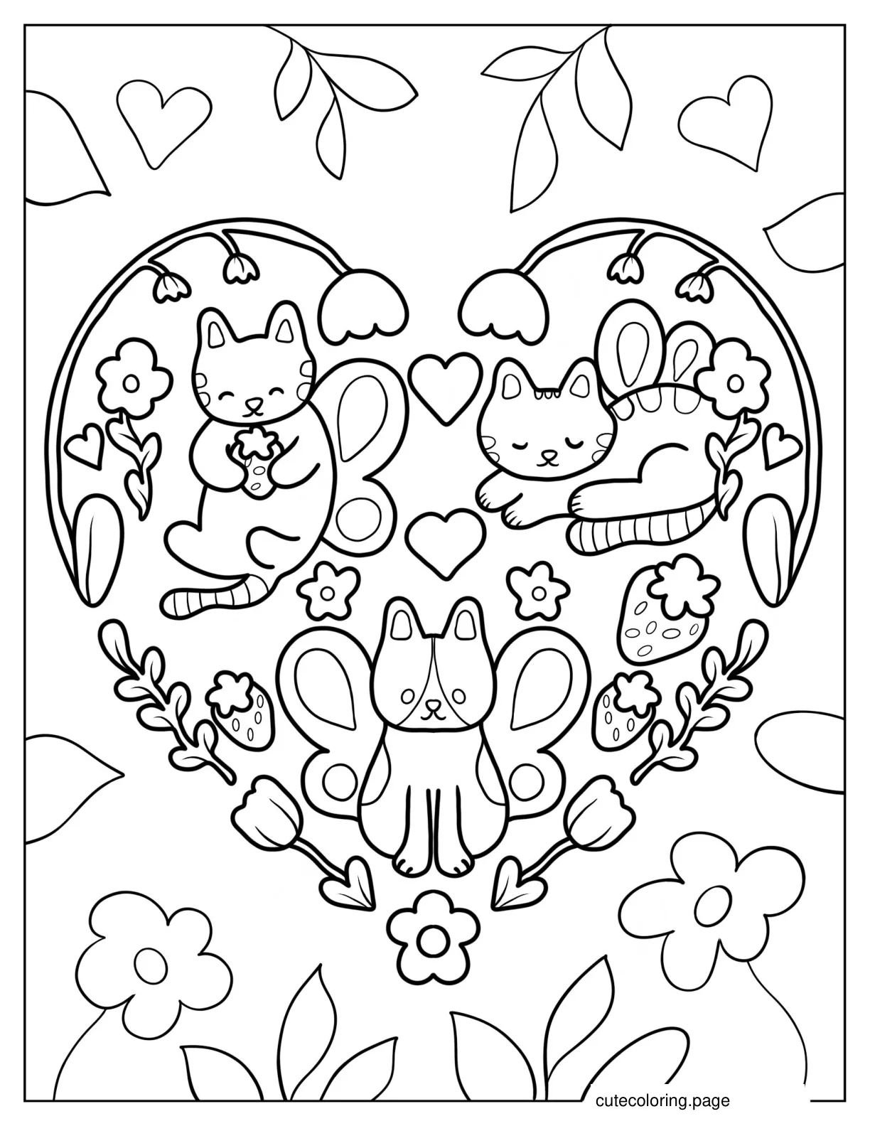 Cats With Butterfly Wings Inside Love Heart Coloring Page coloring page