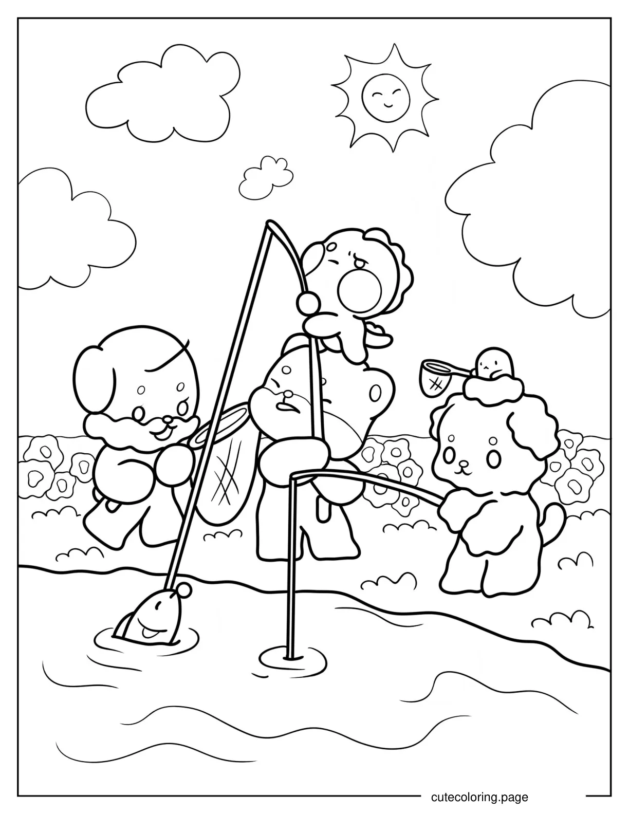 Chibi Bear Dinosaur Cat And Dogs Fishing Coloring Sheet coloring page