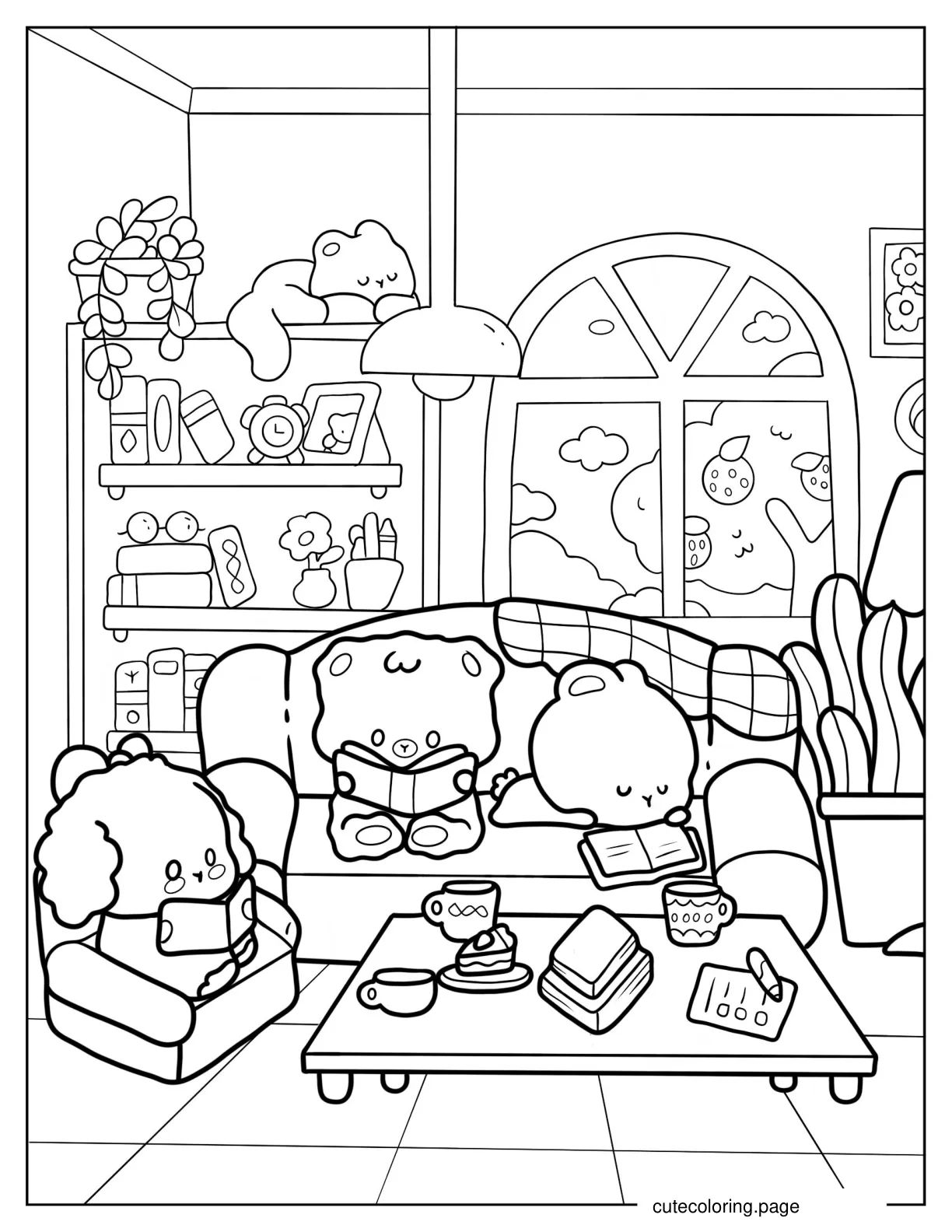 Cute Bunny And Cats Reading In Living Room Coloring Sheet coloring page