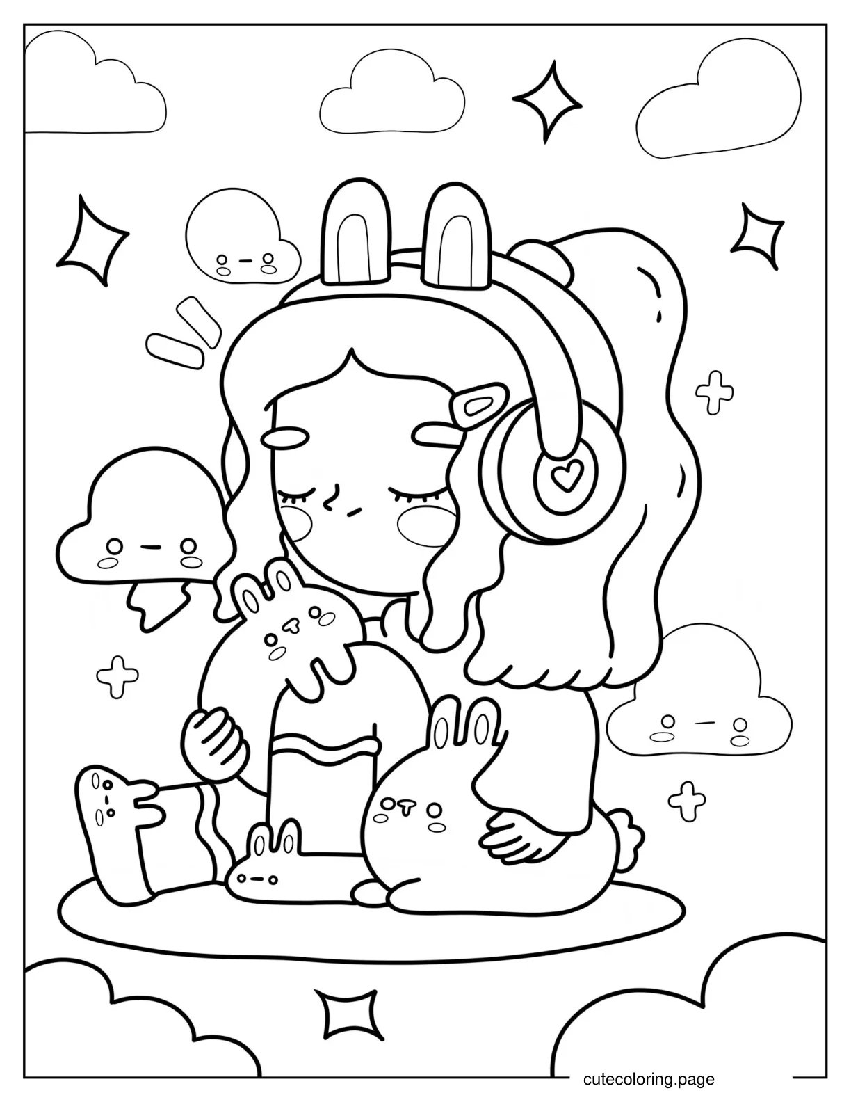 Cute Cartoon Girl With Headphones Holding Bunnies Coloring Page coloring page