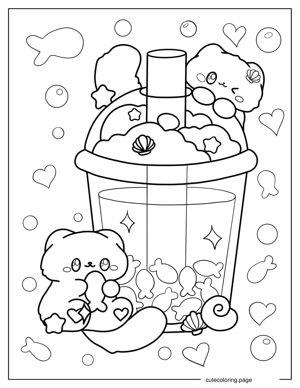 Cute Cats Playing With Beach Boba Tea Coloring Page coloring page