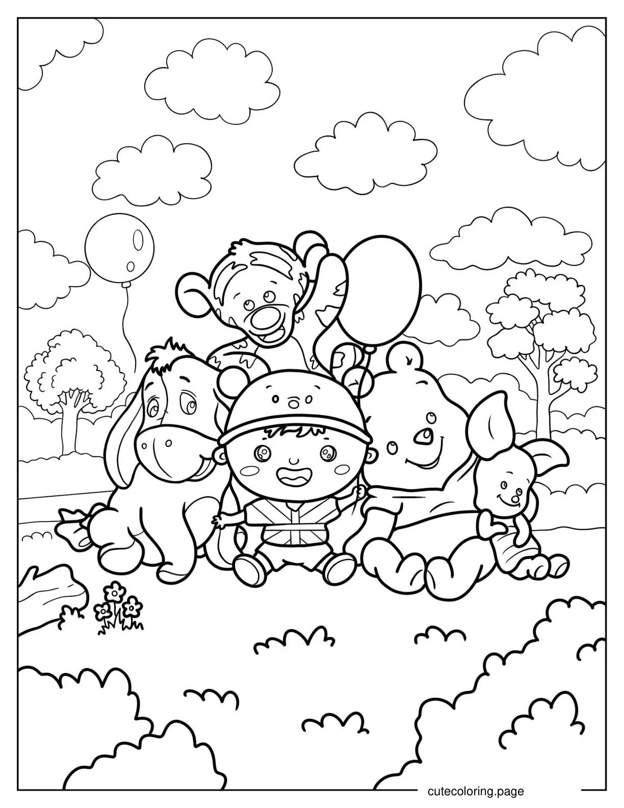 Cute Christopher Robin With Pooh Piglet Tiger And Eeyore coloring page