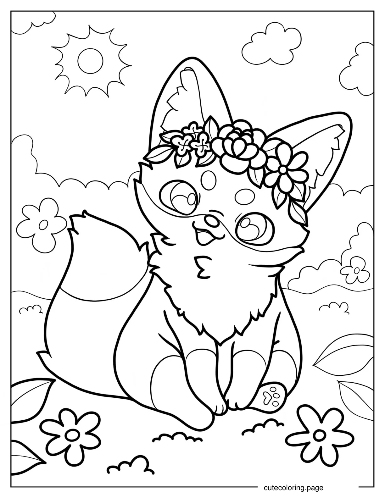 Cute Fox Wearing Flower Crown Coloring Page coloring page