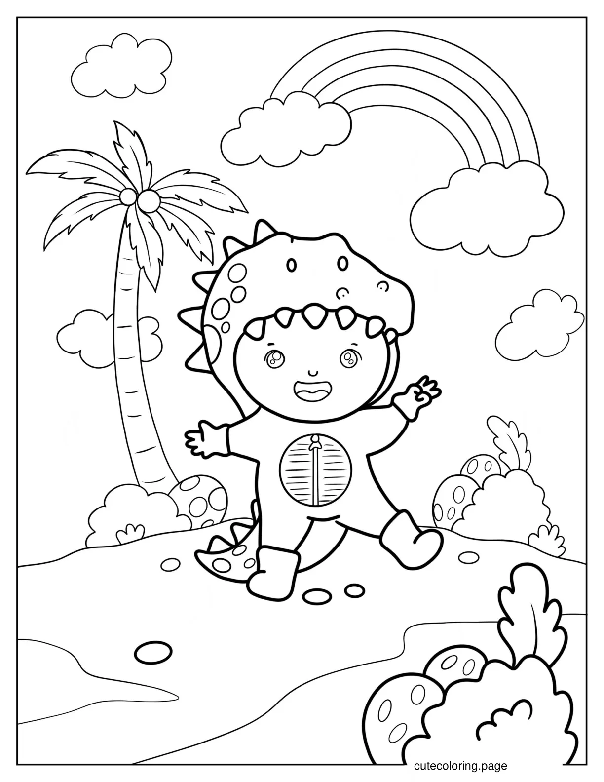 Cute Little Boy In Dinosaur Coloring Page coloring page