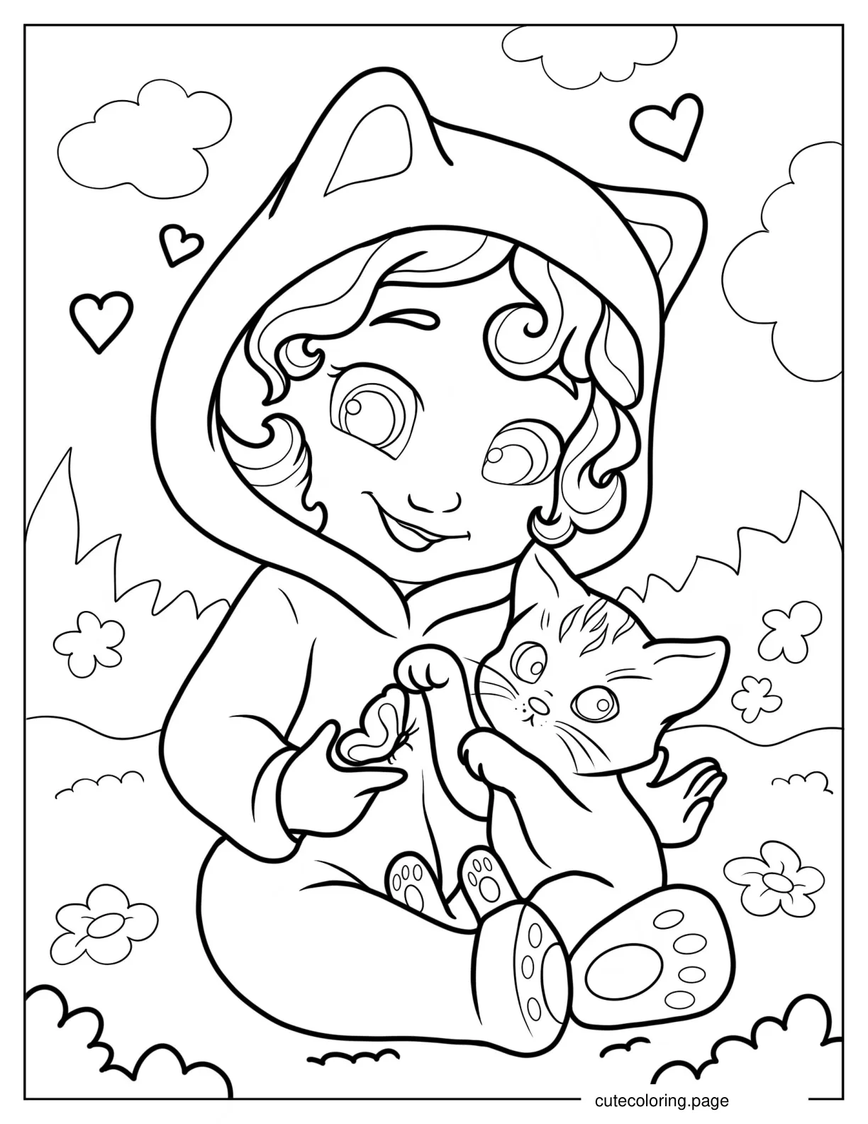 Cute Little Girl In Onesie Playing With Kitten coloring page