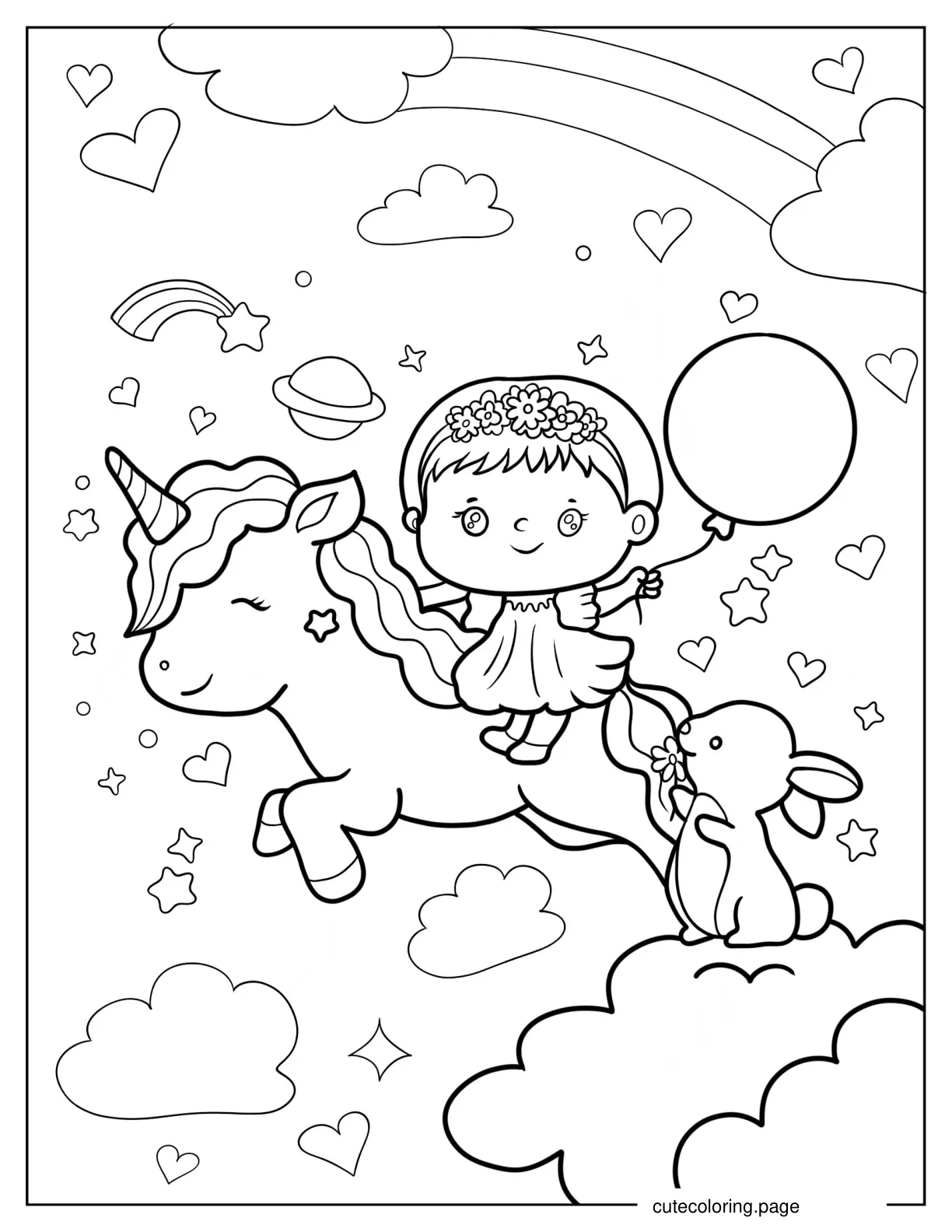 Cute Little Girl Riding Unicorn In The Sky Coloring Page coloring page