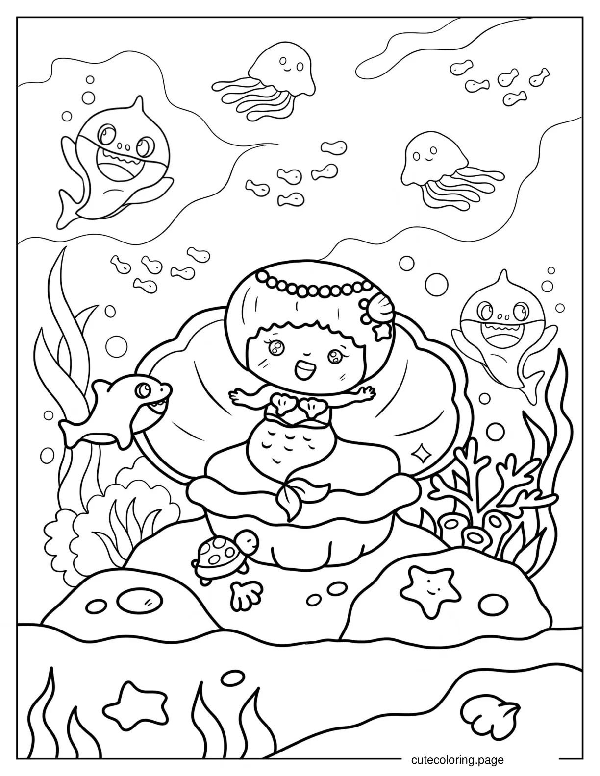 Cute Mermaid Sitting On Underwater Throne Coloring Sheet coloring page