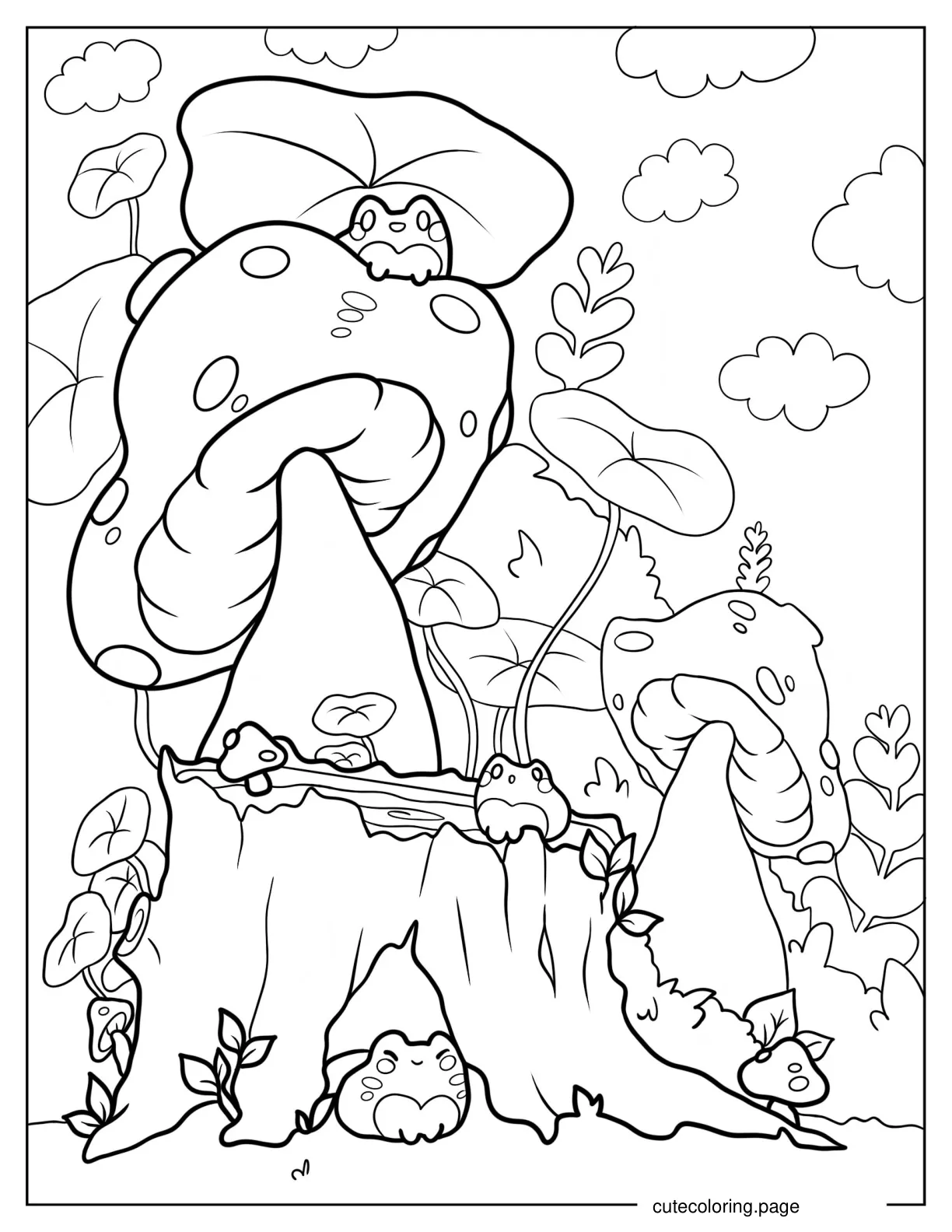 Cute Mushrooms In Garden With Chibi Frogs Coloring Page coloring page