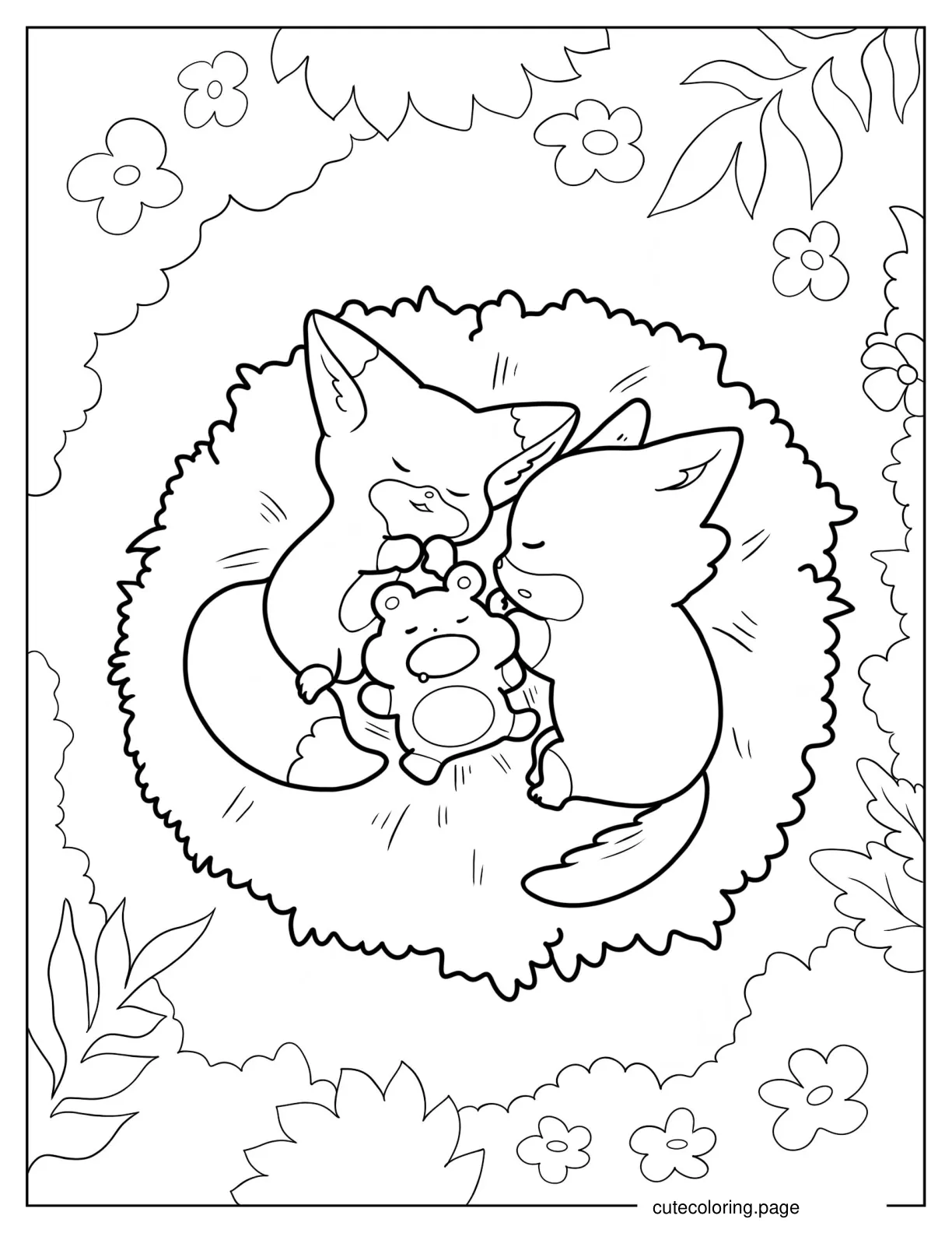 Kawaii Foxes Sleeping In Nest With Hamster Coloring Sheet coloring page