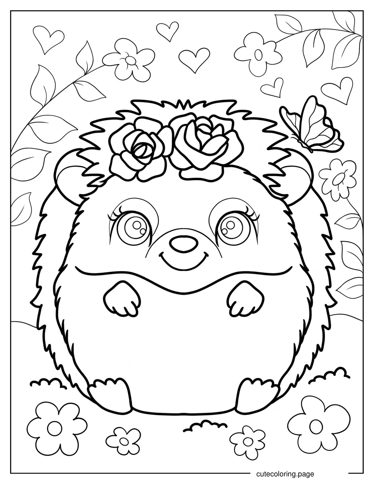 Kawaii Porcupine With Flowers coloring page