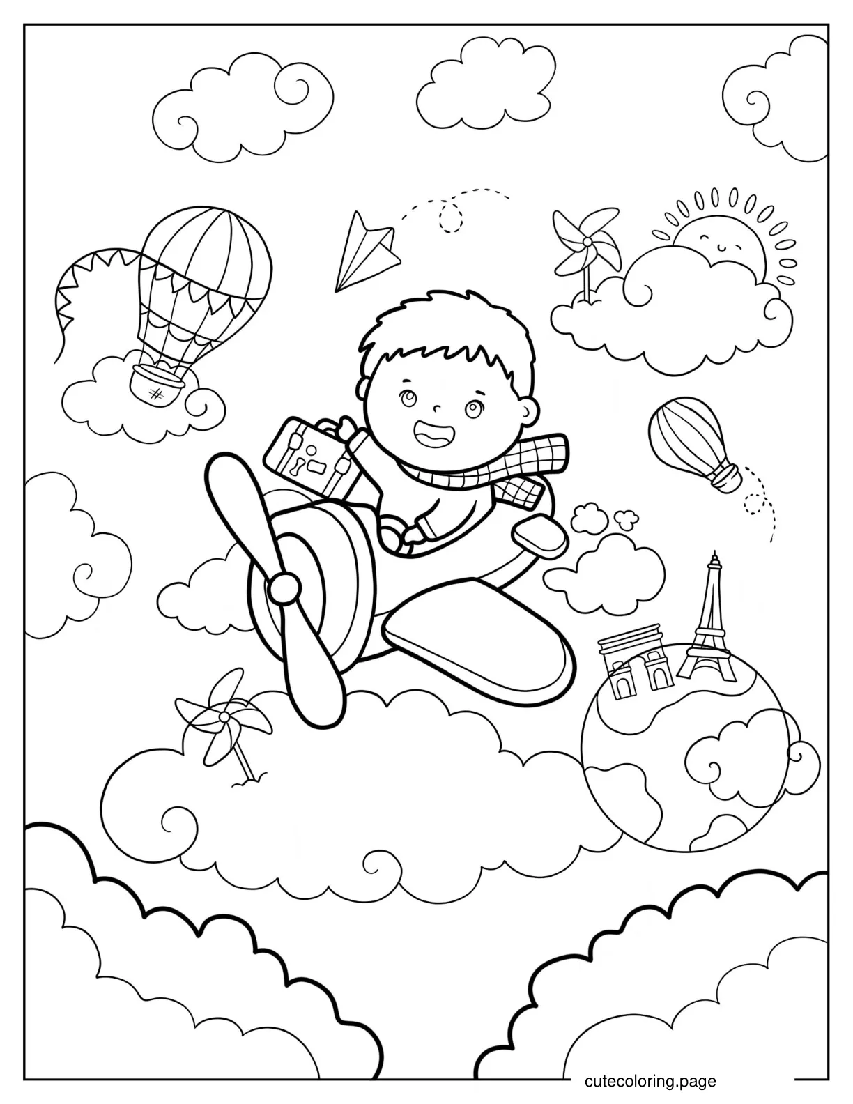 Little Boy Travelling On Airplane Coloring Page coloring page