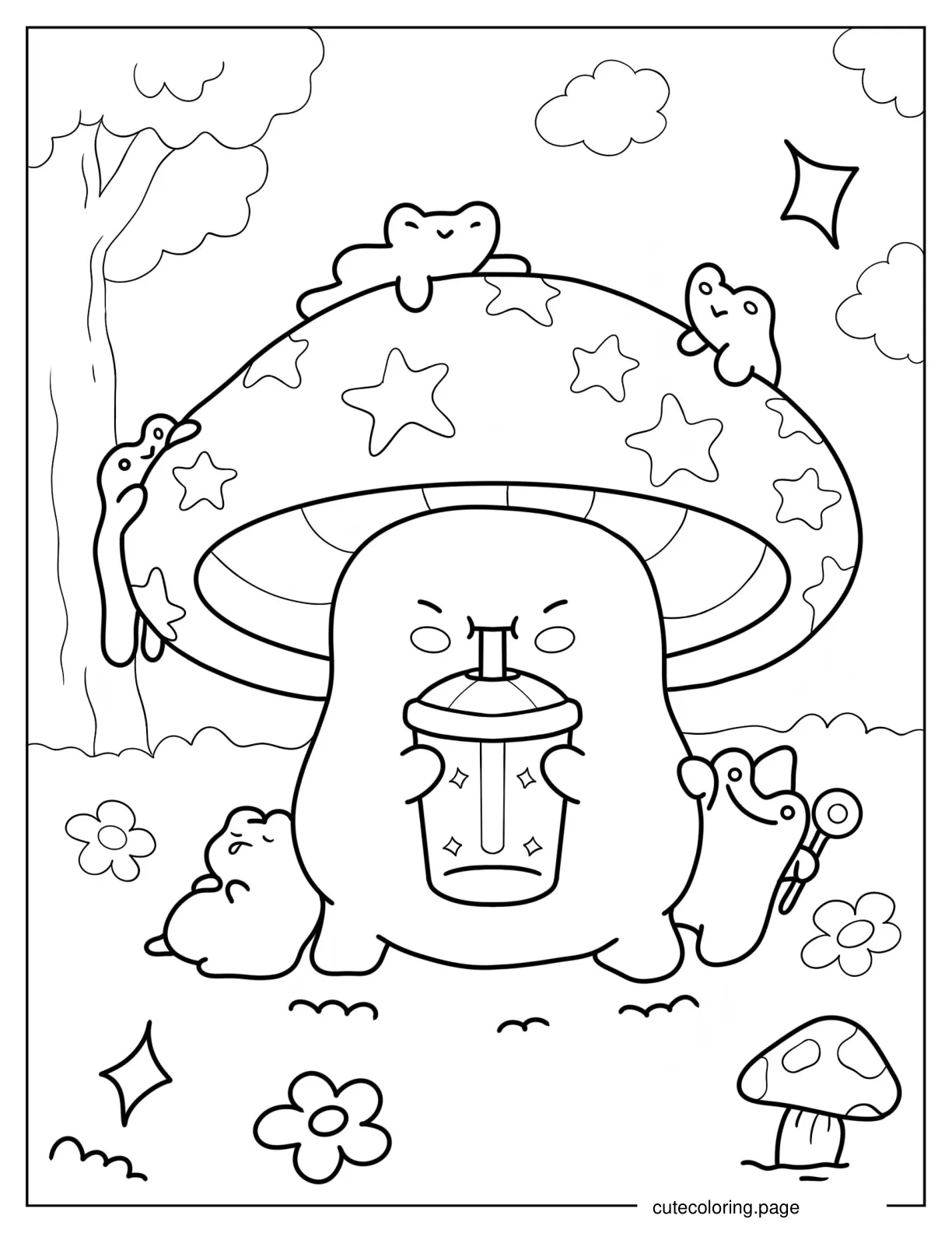 Mushroom Drinking Juice While Frogs Play Coloring Sheet coloring page