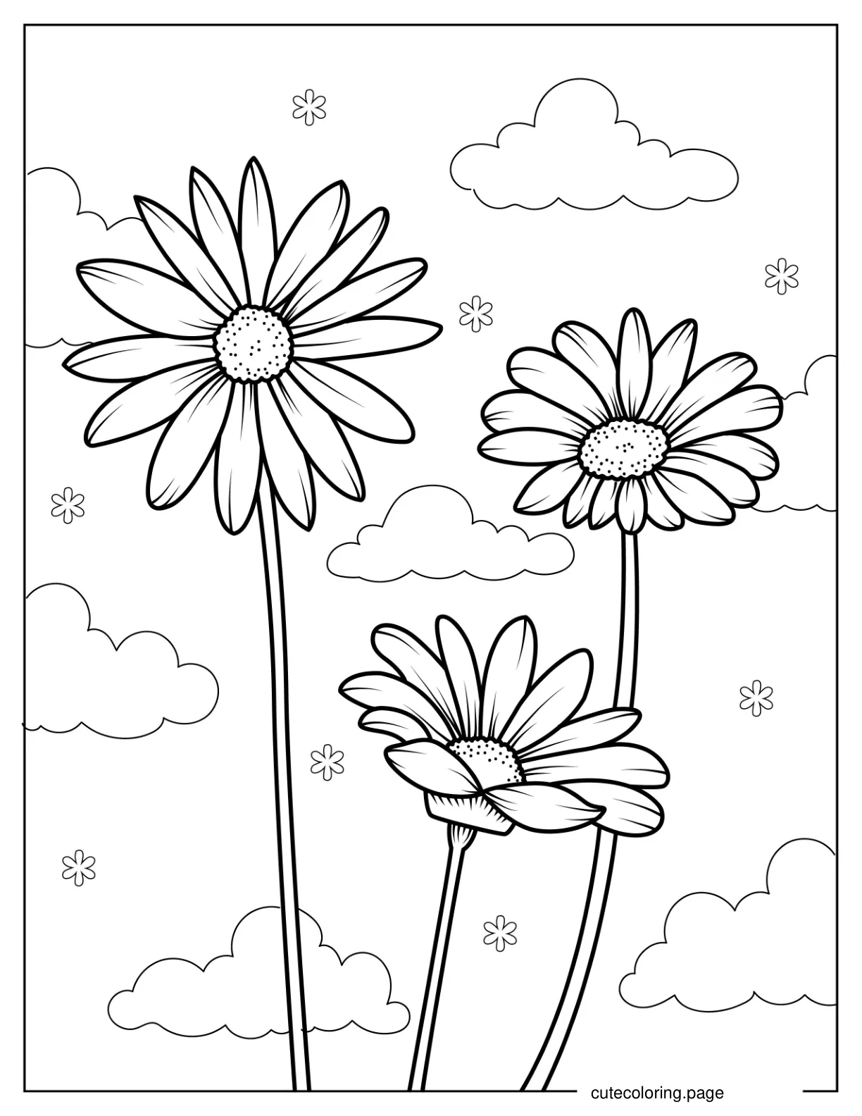 Three Cute Daisy Flowers In The Clouds coloring page