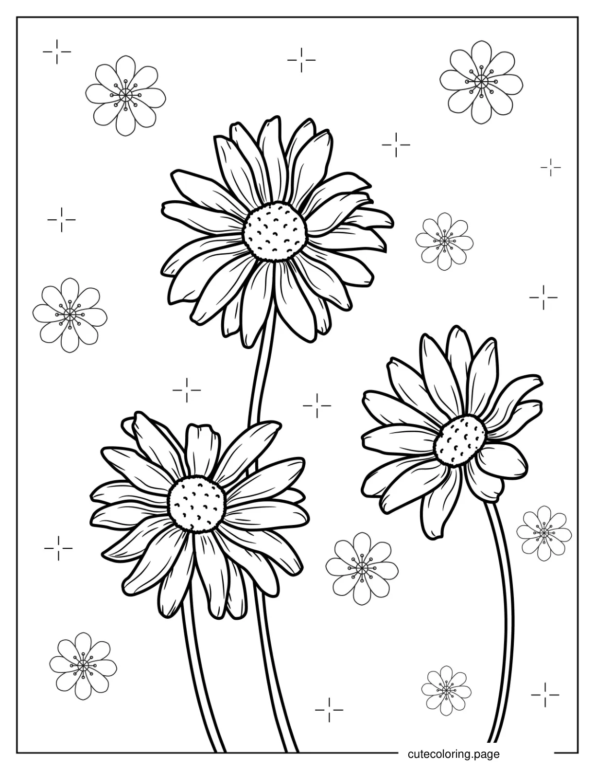 Three Spring Daisy Flowers coloring page