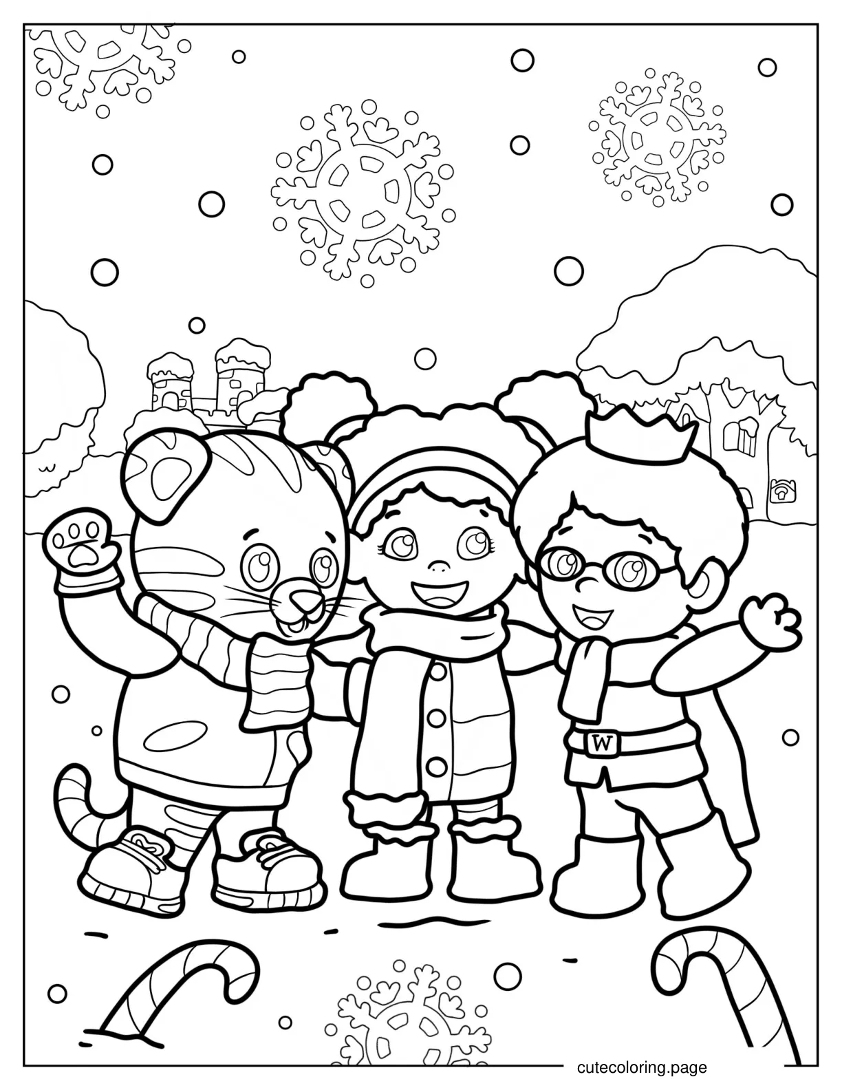 Daniel Tiger With Miss Elaina And Prince Wednesday In Winter coloring page