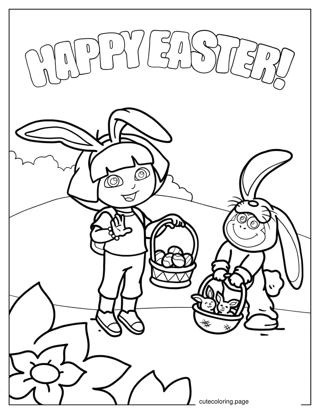 Boots And Dora Dressed Up For Easter To Color coloring page