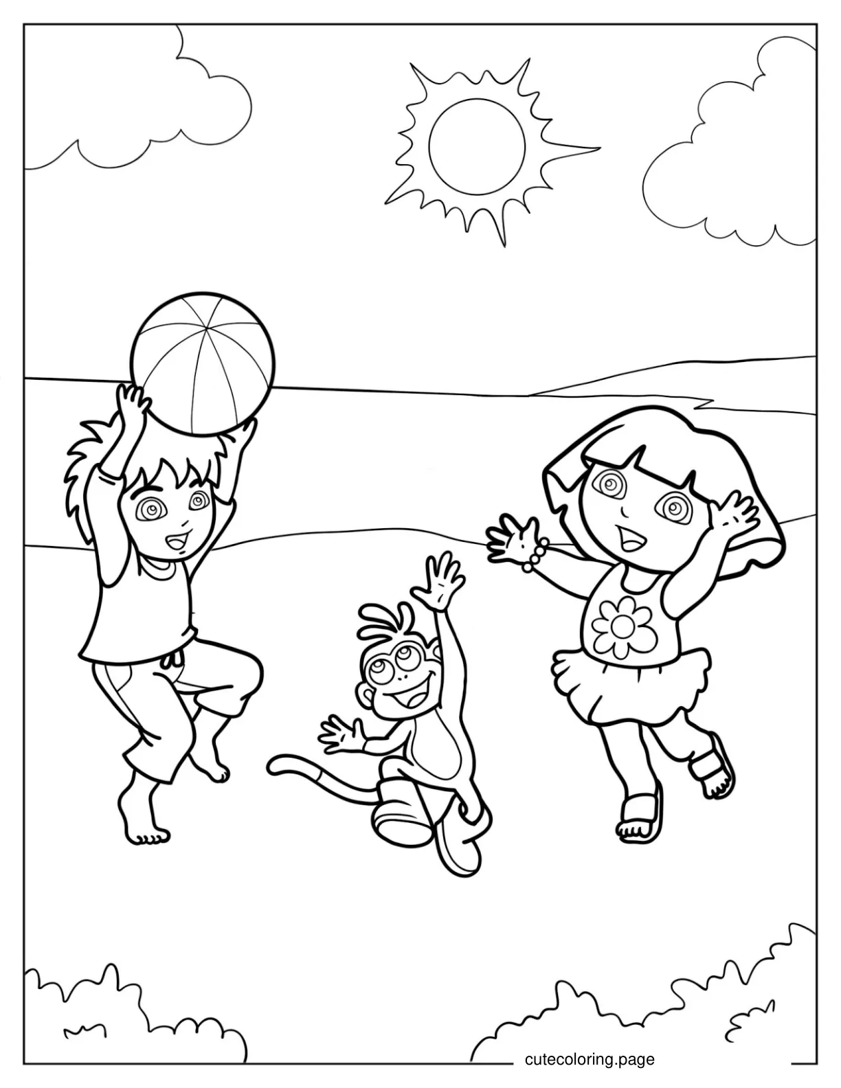 Diego Boots And Dora Playing With Ball During Summer coloring page