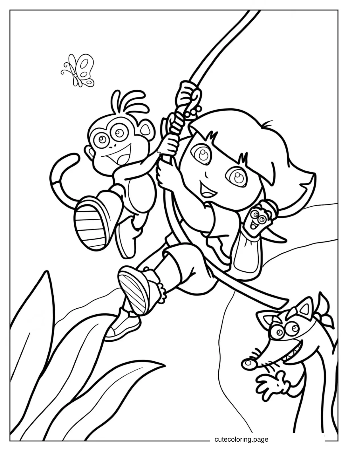 Dora And Boots Swinging From Vine With Swiper  coloring page