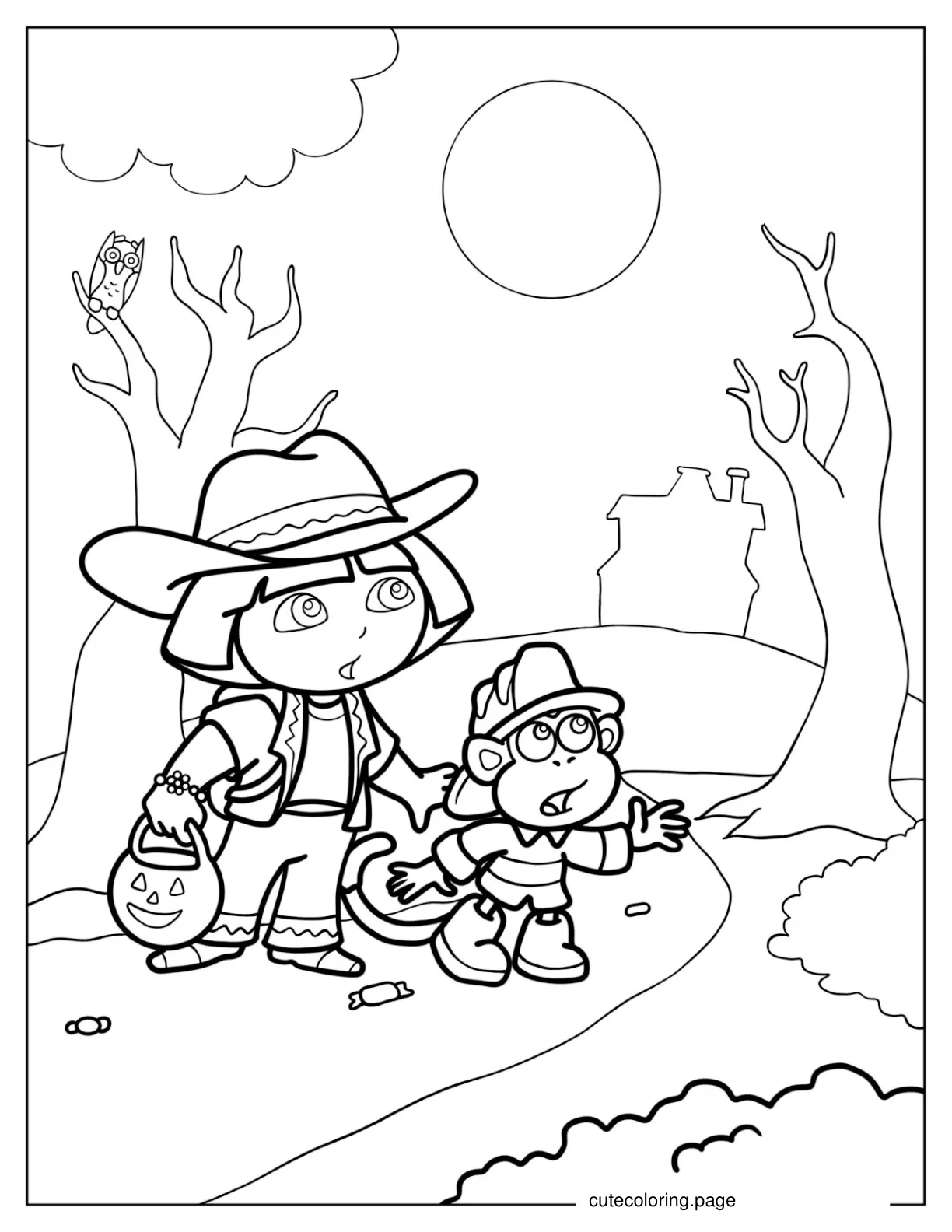 Dora And Boots Trick Or Treating For Halloween coloring page