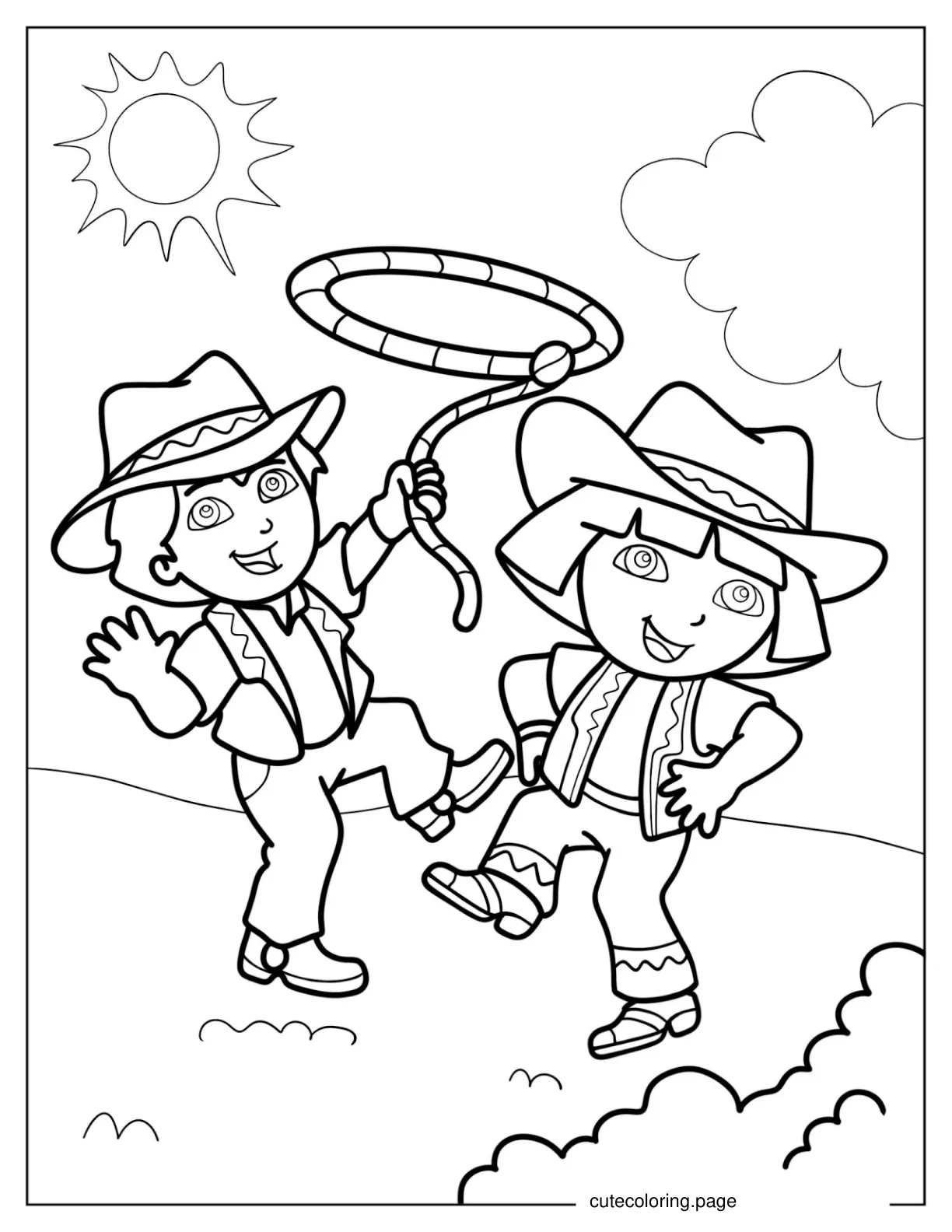 Dora And Diego Dressed As Cowboy And Cowgirl To Color coloring page