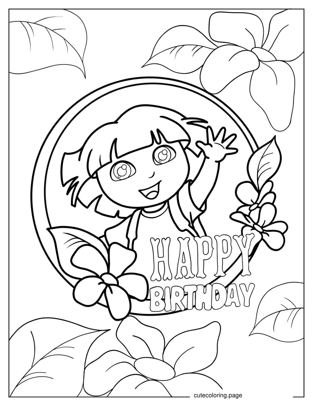 Dora Happy Birthday Coloring Page For Kids coloring page