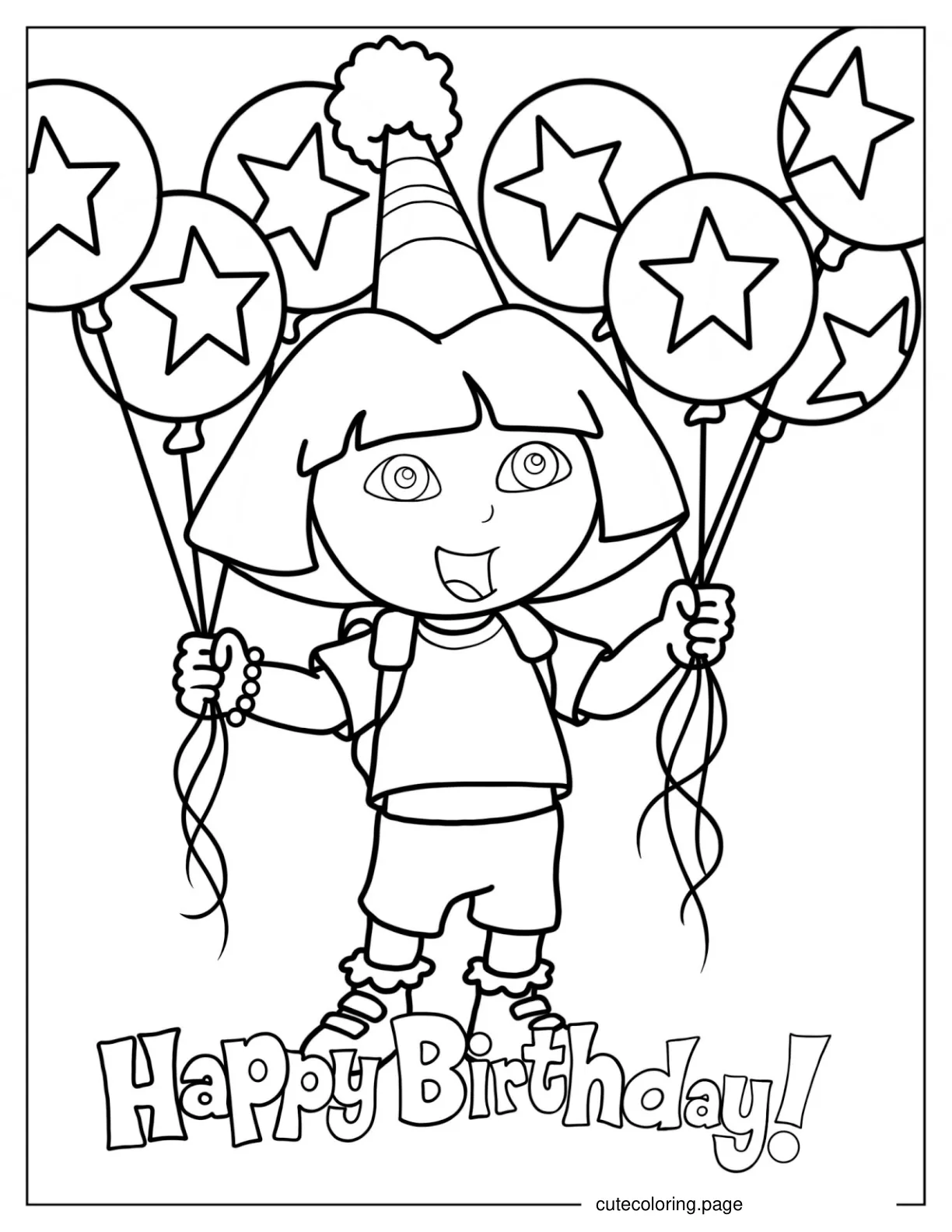 Dora Holding Happy Birthday Balloons To Color coloring page