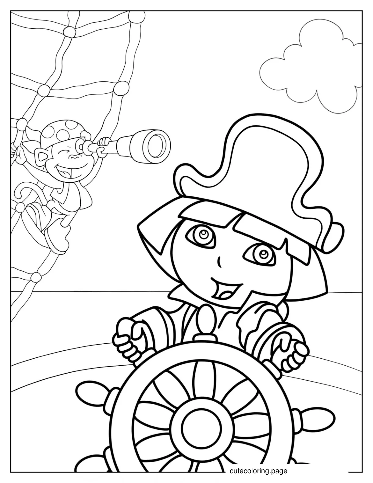 Pirate Dora With Boots On Ship To Color coloring page