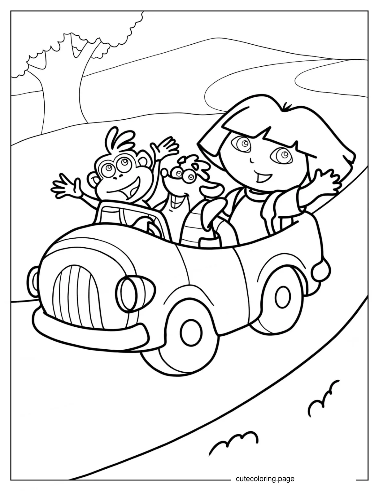 Tico Boots And Dora Driving In a Car coloring page