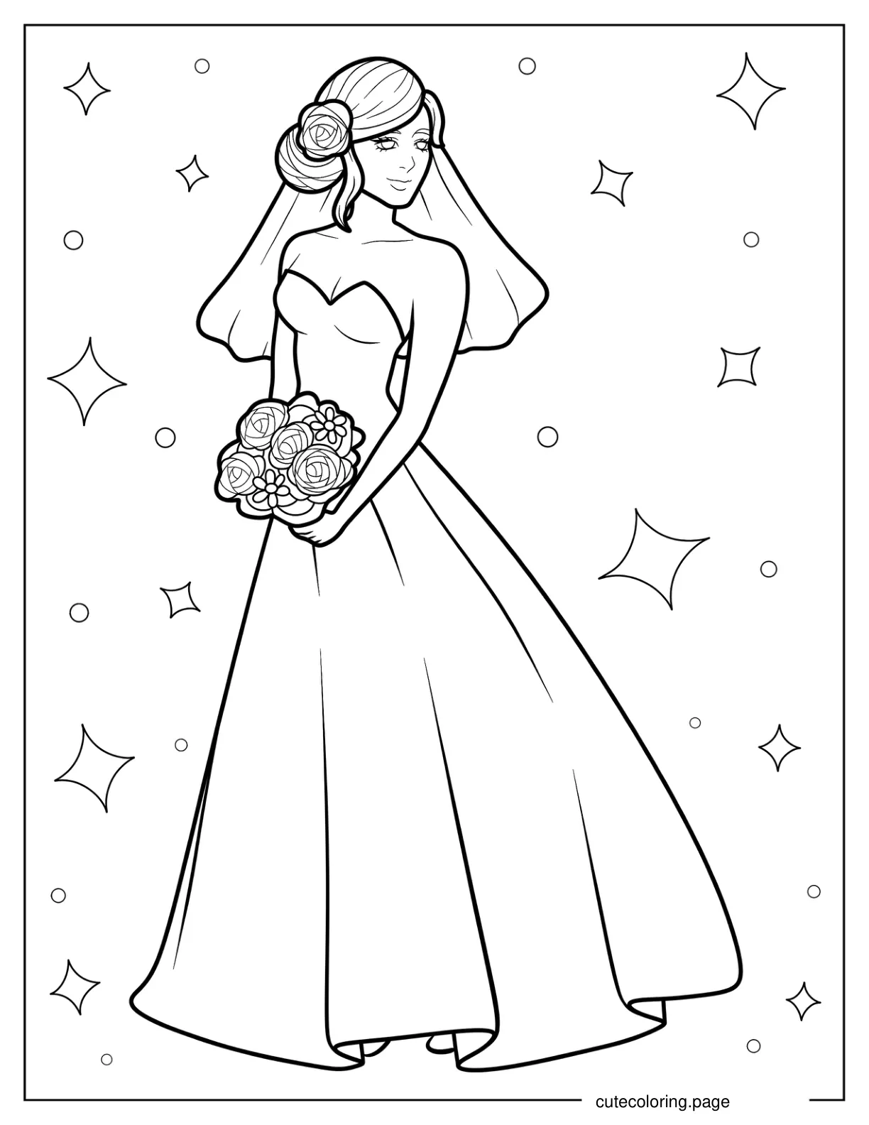 Bride Wearing Simple Dress With Short Veil Coloring Sheet coloring page